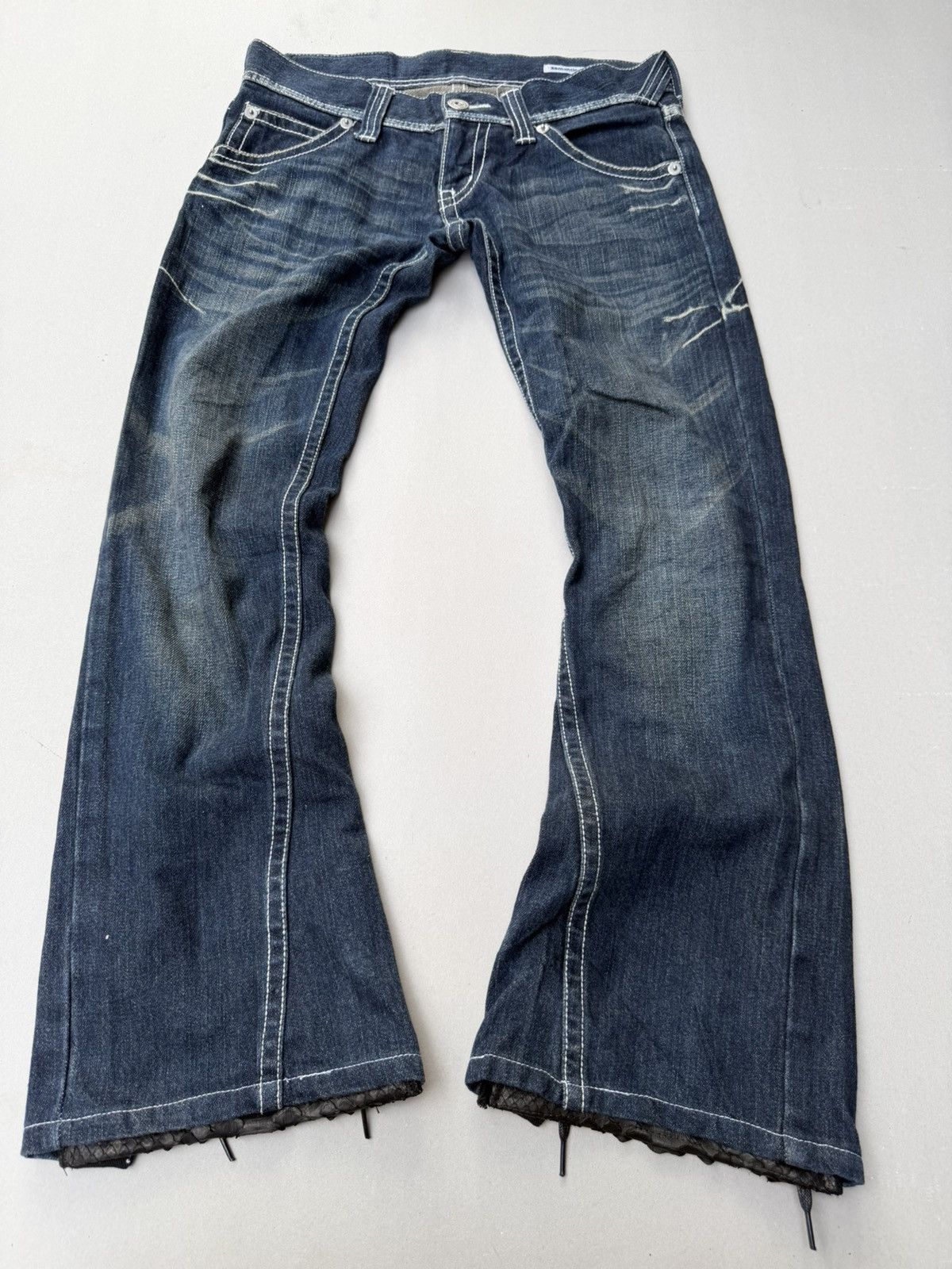 Japanese Brand Semantic Design Spiral Cut Flared Lace Up Jeans