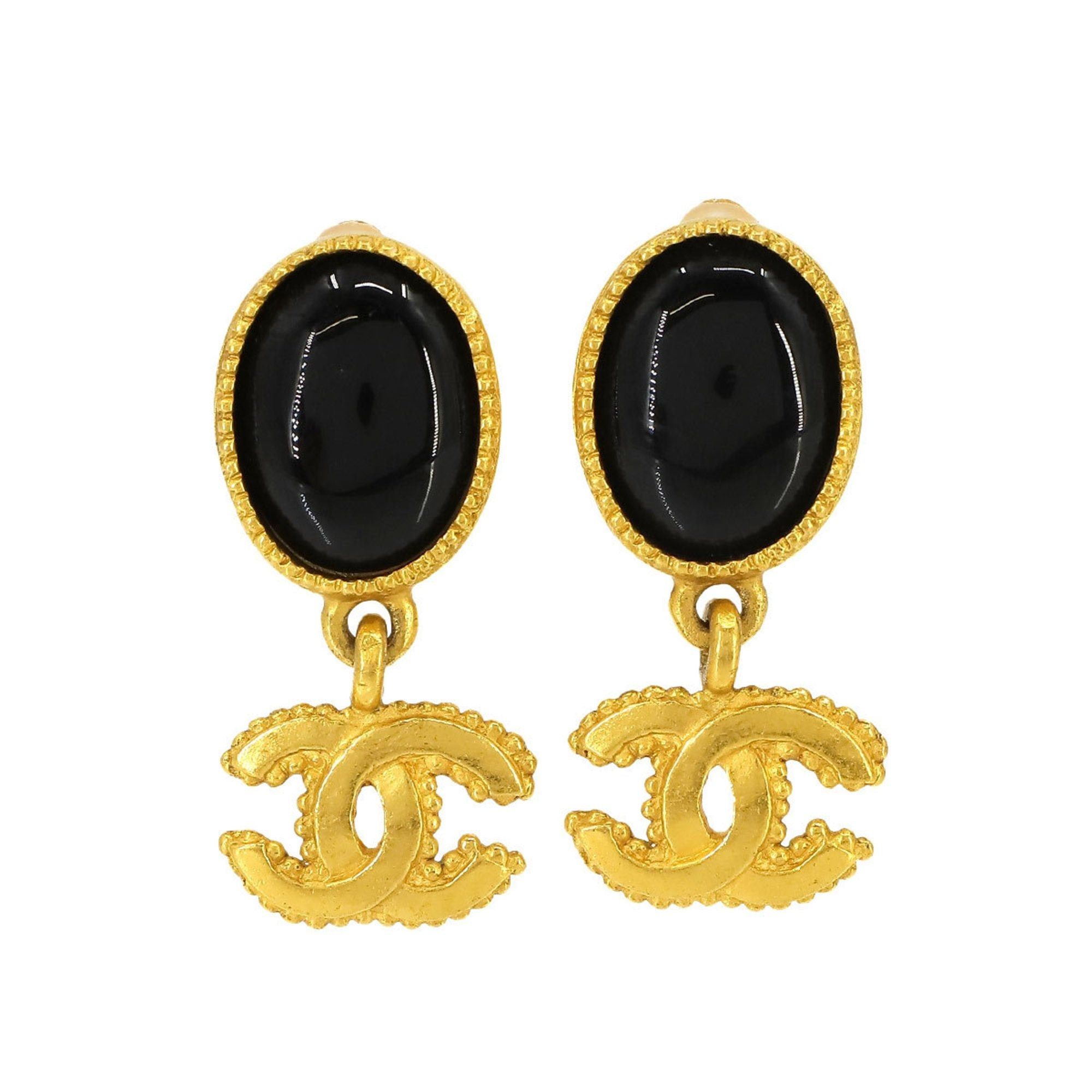 image of Chanel Coco Mark Color Stone Swing Earrings Black Gold 96A, Women's