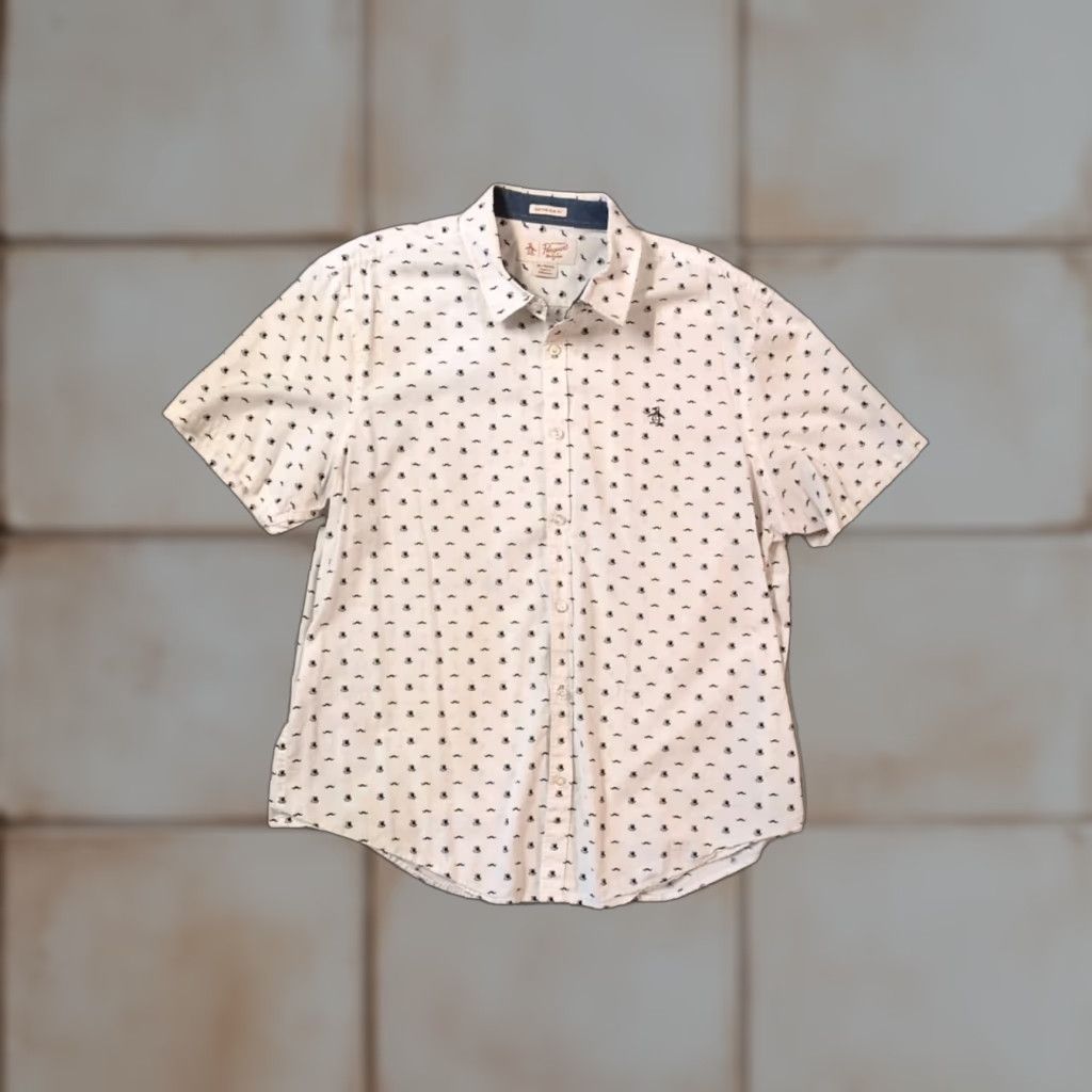 Vintage VINTAGE Penguin Shirt Top Hats & Mustaches Button-Up White 46" Chest XL Slim Fit Short Sleeve Geometric Geometric Pattern Mens Hosiery? Size US XL / EU 56 / 4 - 1 Thumbnail