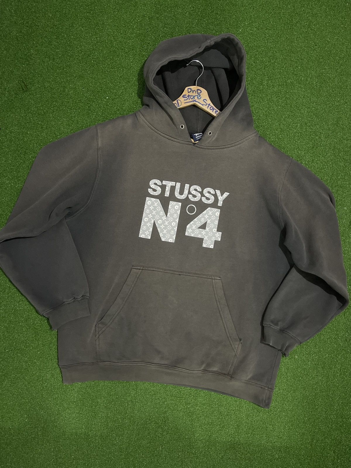 image of Vintage Stussy N4 Monogram Lv Hoodie Very in Faded Black, Men's (Size Medium)