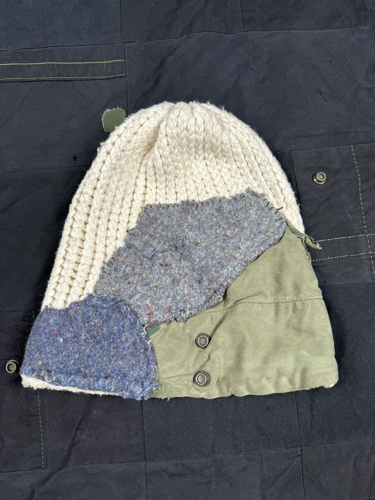 image of Greg Lauren Patchwork Army Tent Beanie in White, Men's