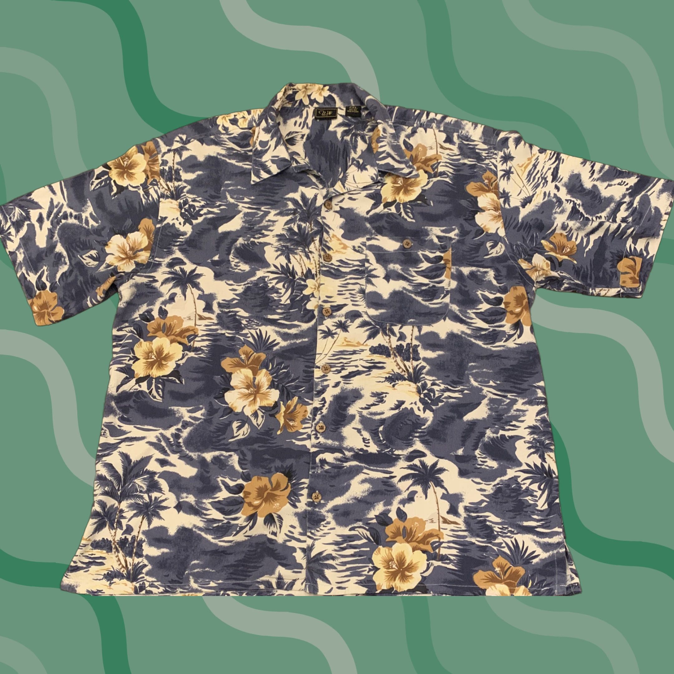 Vintage Hawaiian Silk Shirt WFF XXL Blue Button Down Short Sleeve Floral Palm Trees Men Size US XXL / EU 58 / 5 - 1 Thumbnail