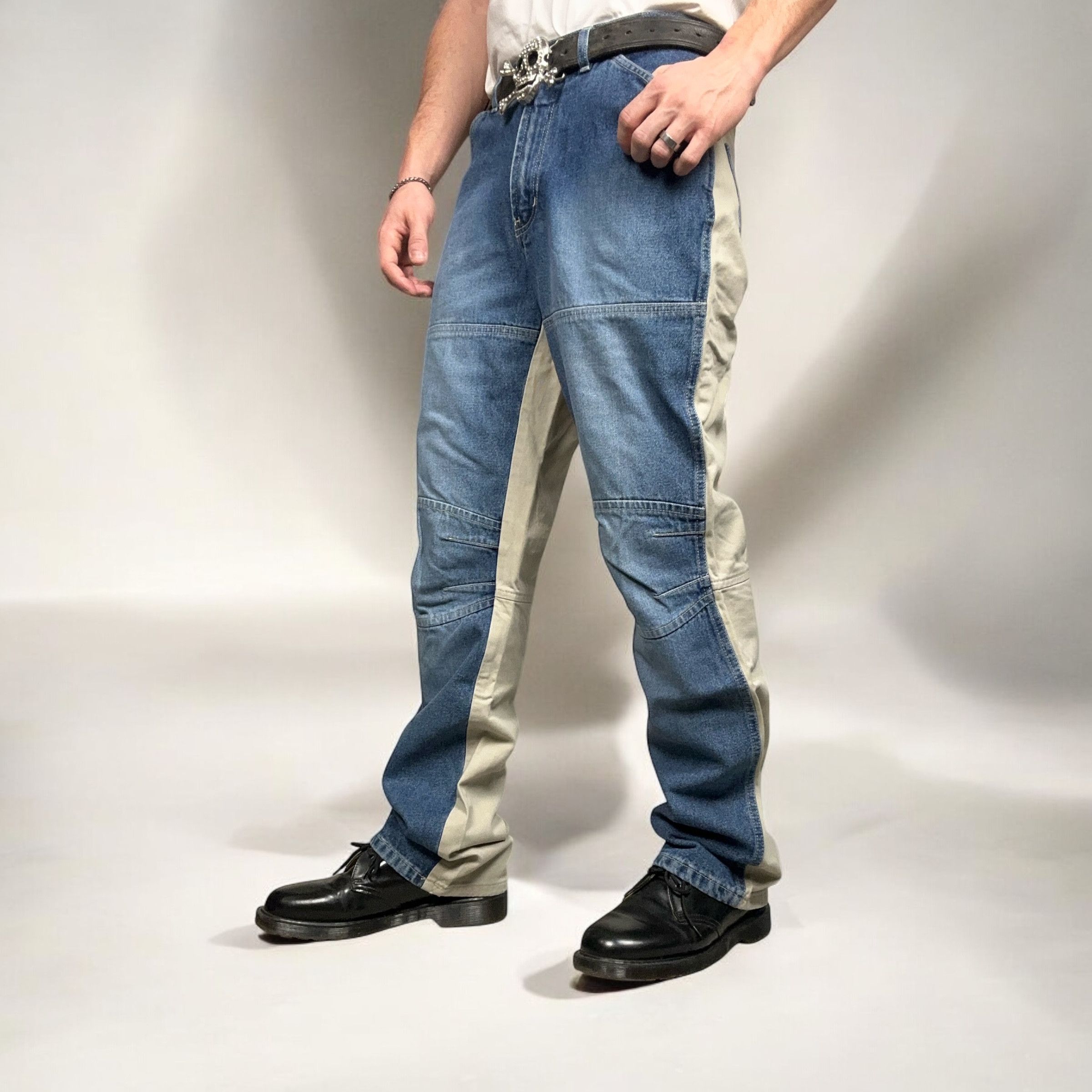 Japanese Brand × Vintage Vintage y2k Blue/Beige Hybrid Double Knee Denim Pants Jeans Size US 32 / EU 48 - 1 Thumbnail