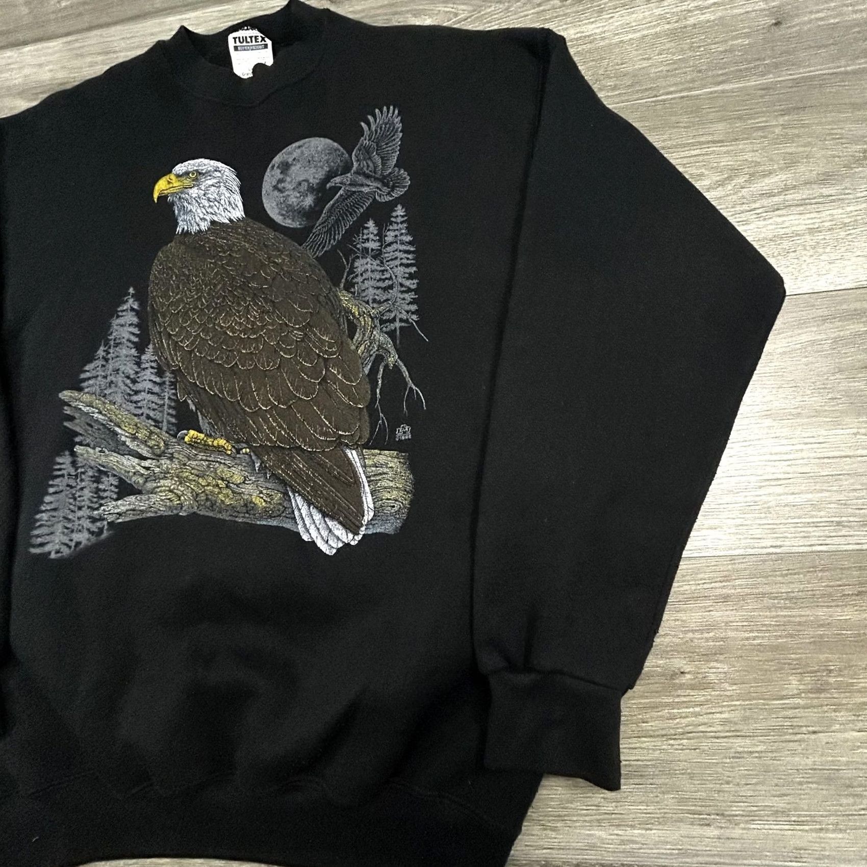 Tultex VINTAGE Bald Eagle Sweatshirt Mens L Black 90s Tultex Superweight Graphic Print Front Moon USA Tree Forest Size US L / EU 52-54 / 3 - 4 Thumbnail