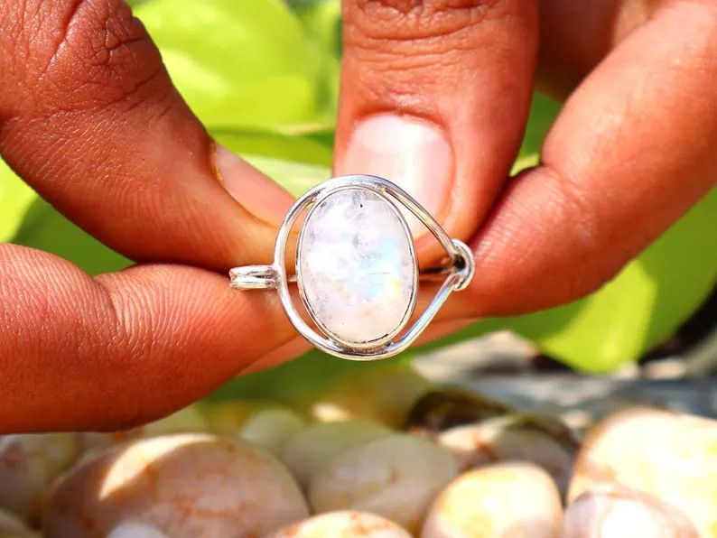 Handmade Rainbow Oval Moonstone Ring, Handmade Sterling Silver Ring Size ONE SIZE - 1 Thumbnail