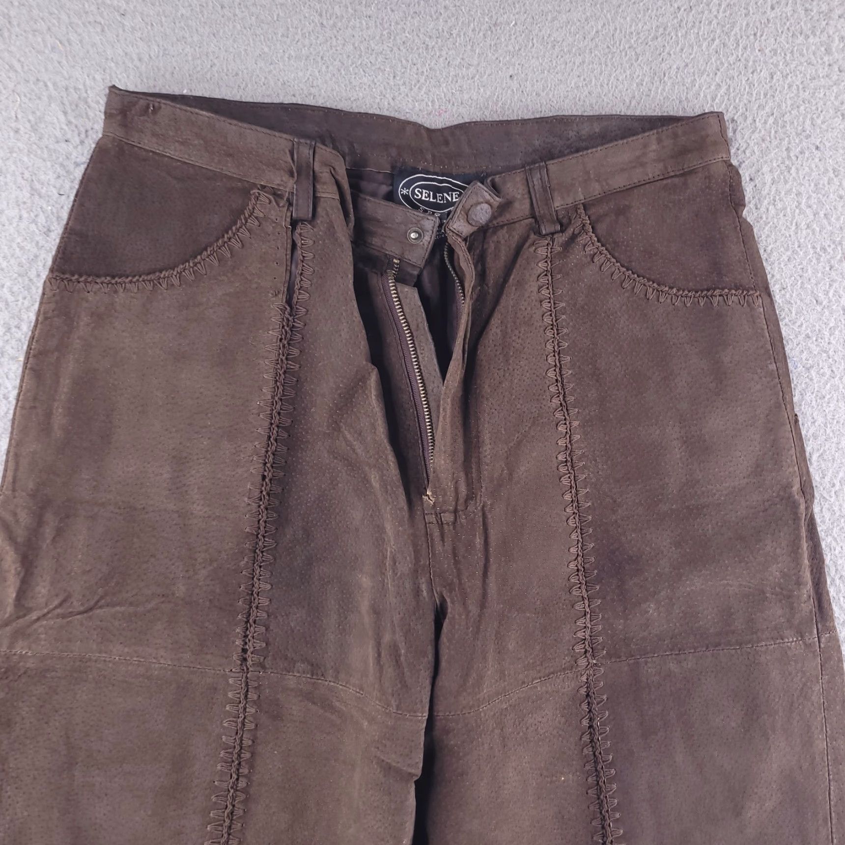 Vintage Selene Sport Pants Unisex 30x29 Brown Leather Patchwork High Rise Real Genuine Chino Straight Size 30" / US 8 / IT 44 - 3 Thumbnail