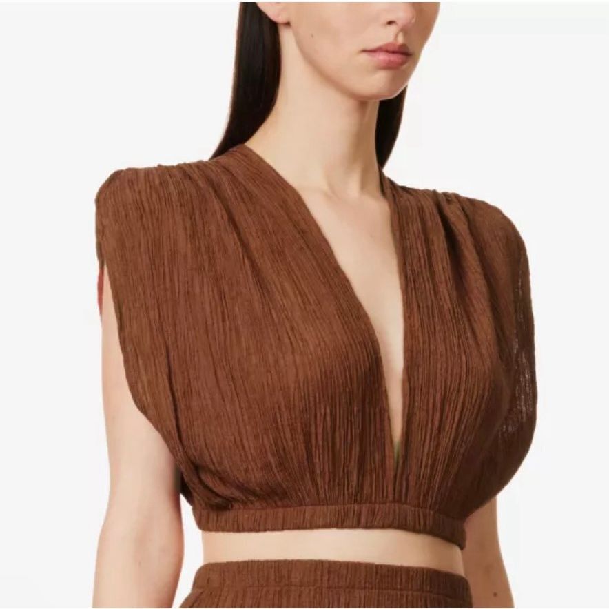 image of This Is Not New Savannah Morrow Womens Xs Kamala Crop Top Crinkled Silk Blen in Brown