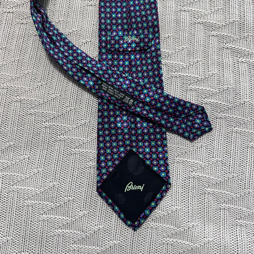 Brioni Brioni purple and green metallic geometric print silk tie Size ONE SIZE - 3 Thumbnail