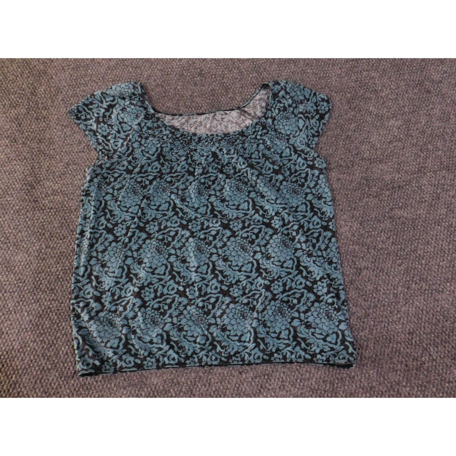 Loft LOFT Blouse Womens Large Blue Black Floral Short Sleeve Lightweight Top Size L / US 10 / IT 46 - 3 Thumbnail