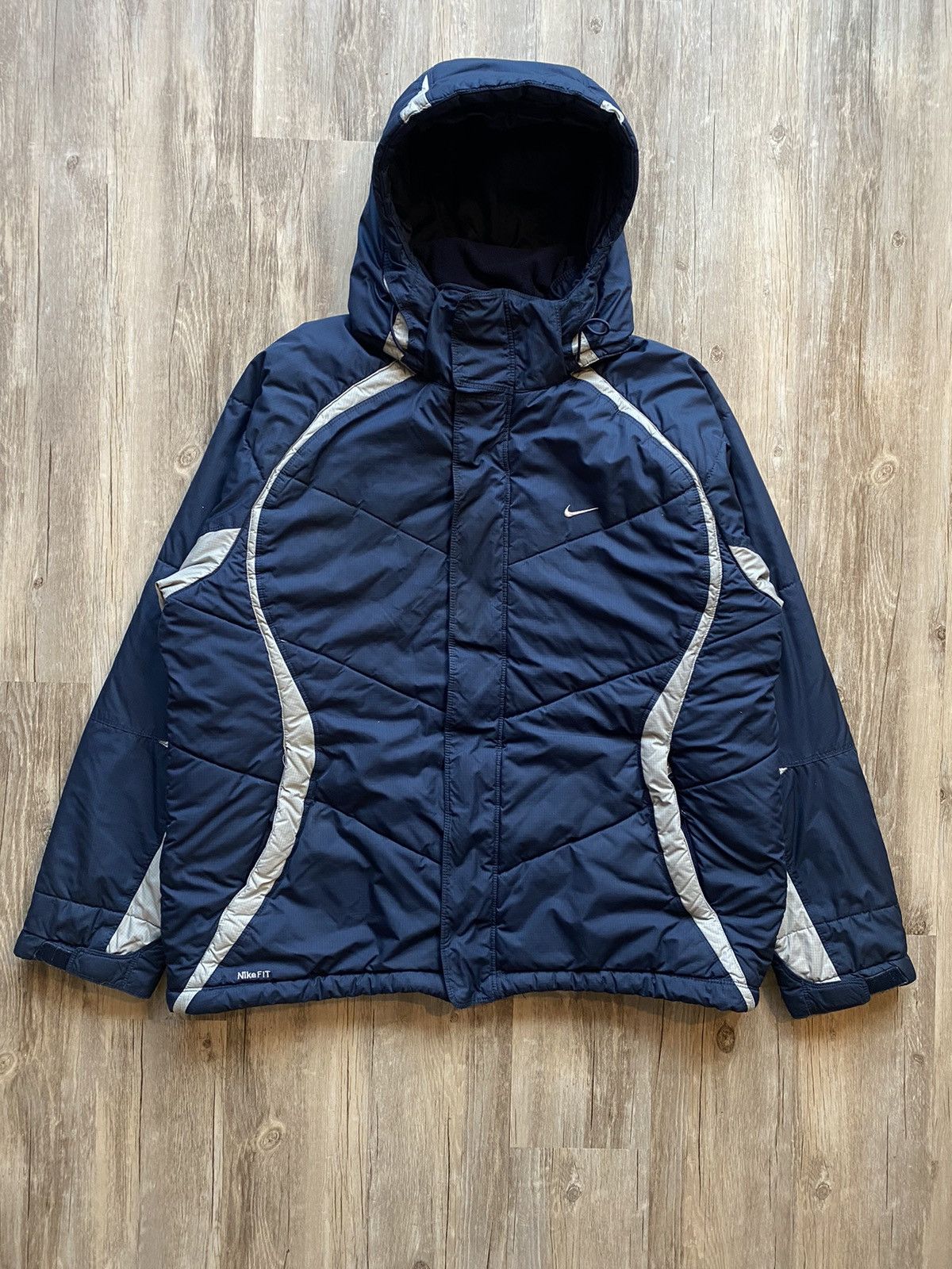 Pre-owned Nike X Vintage Y2k Nike Mini Swoosh Downfill Hooded Puffer Jacket In Navy