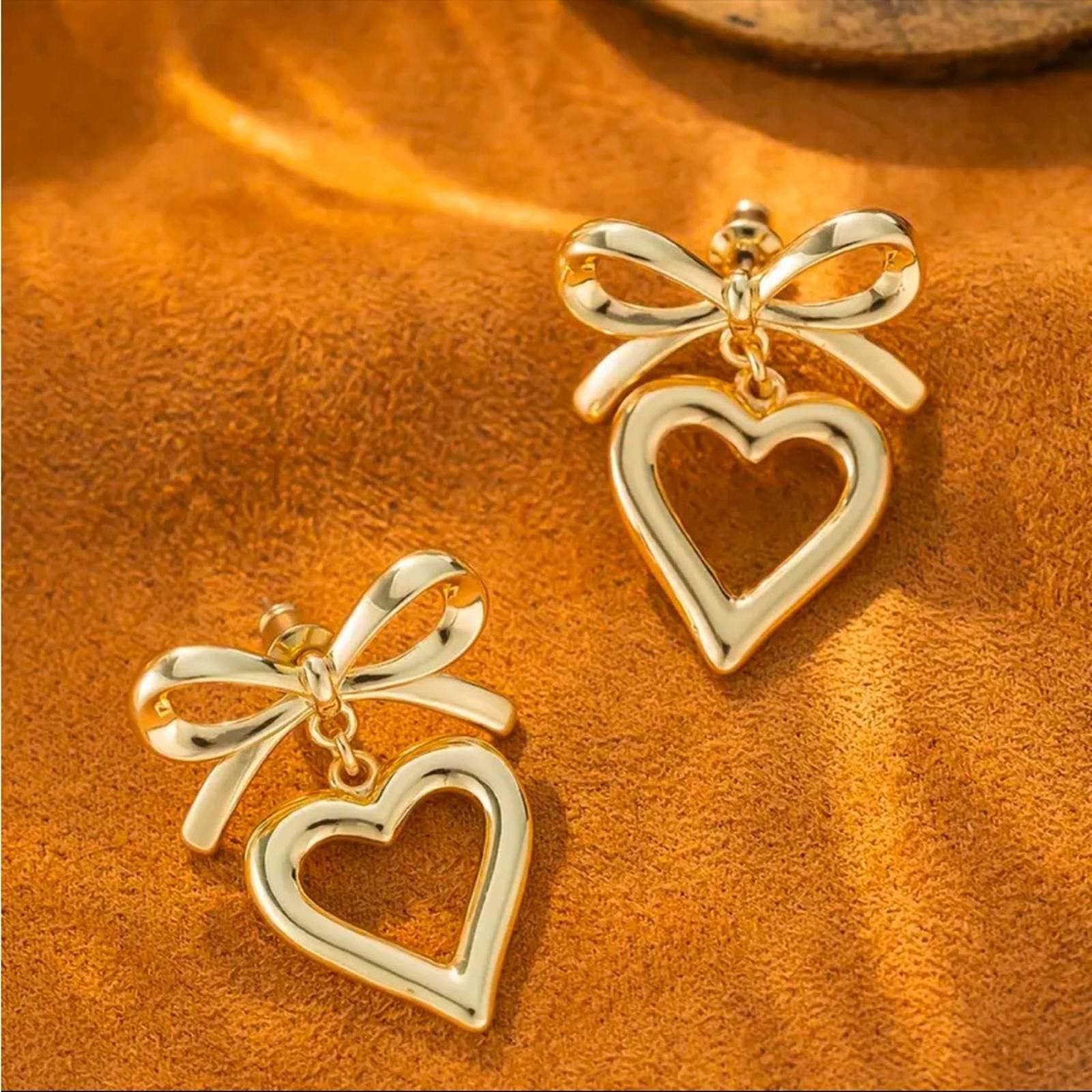 Designer Stainless Steel Bow and Heart Earrings 18K Gold Plated Studs Size ONE SIZE - 1 Thumbnail
