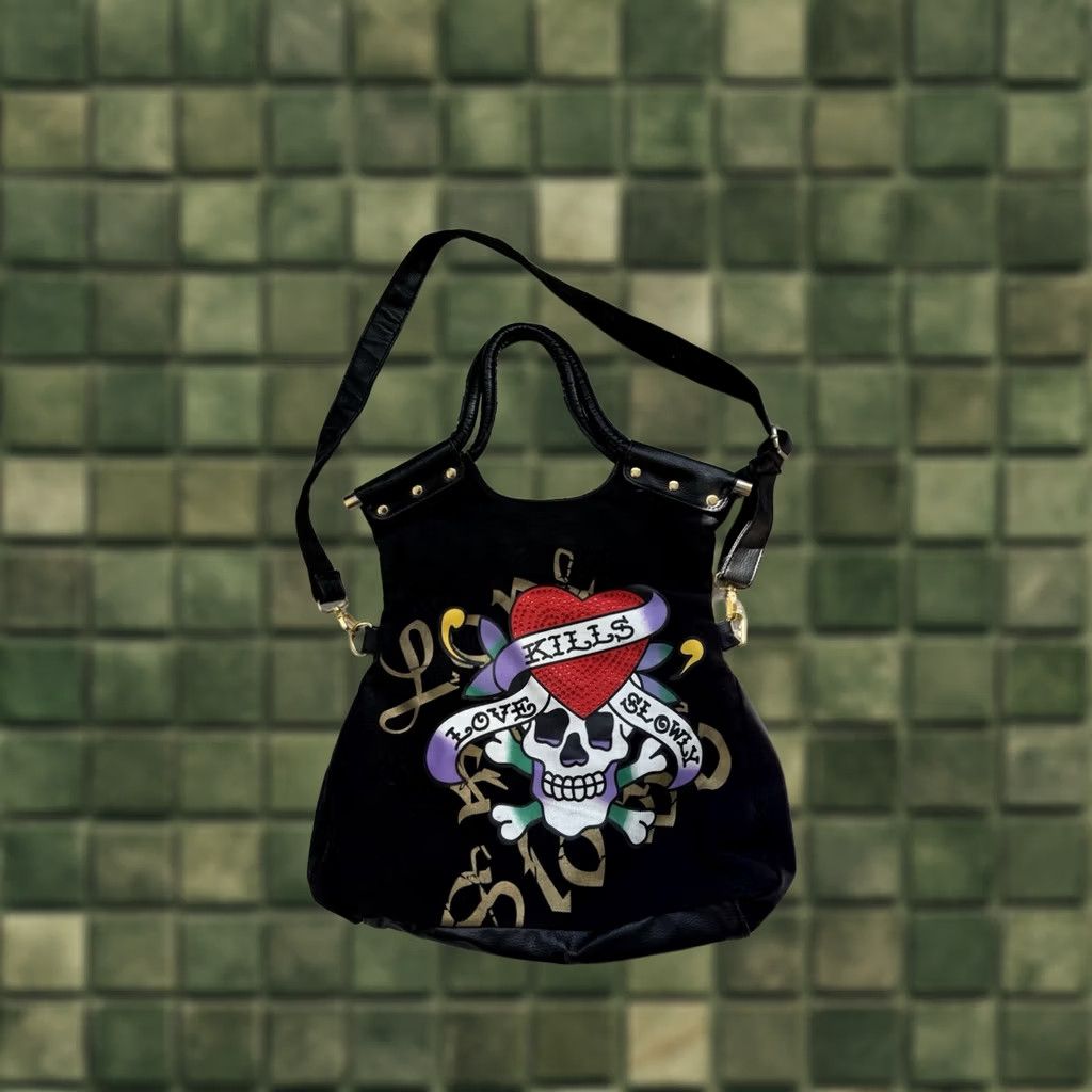 Ed Hardy Ed Hardy Love Kills Slowly Skull Heart Shoulder Bag Black Y2K Crossbody Tote Size ONE SIZE - 1 Thumbnail
