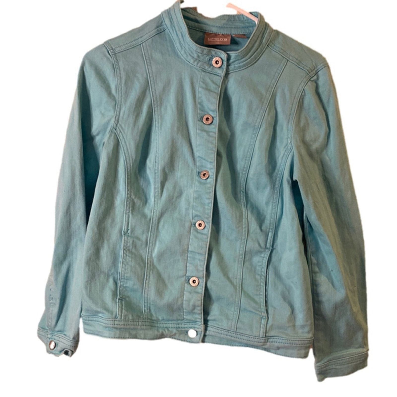 Chicos Coastal Chic Aqua Blue Button Front Jacket Stretch Chico’s Size S / US 4 / IT 40 - 2 Thumbnail