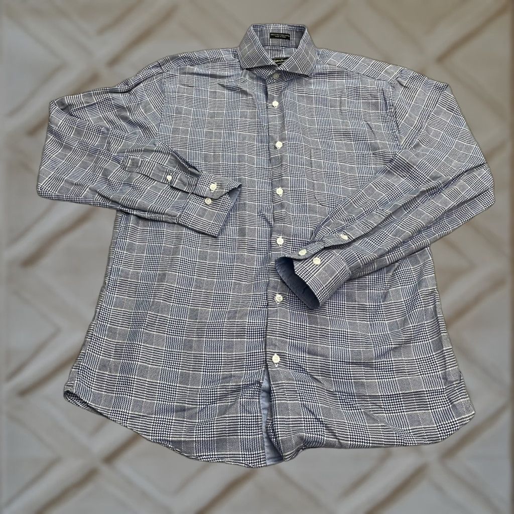 Neiman Marcus Neiman Marcus Houndstooth Dress Shirt Mens M Blue 2-Ply Cotton Work Shirt Jacket? Size 40R - 1 Thumbnail
