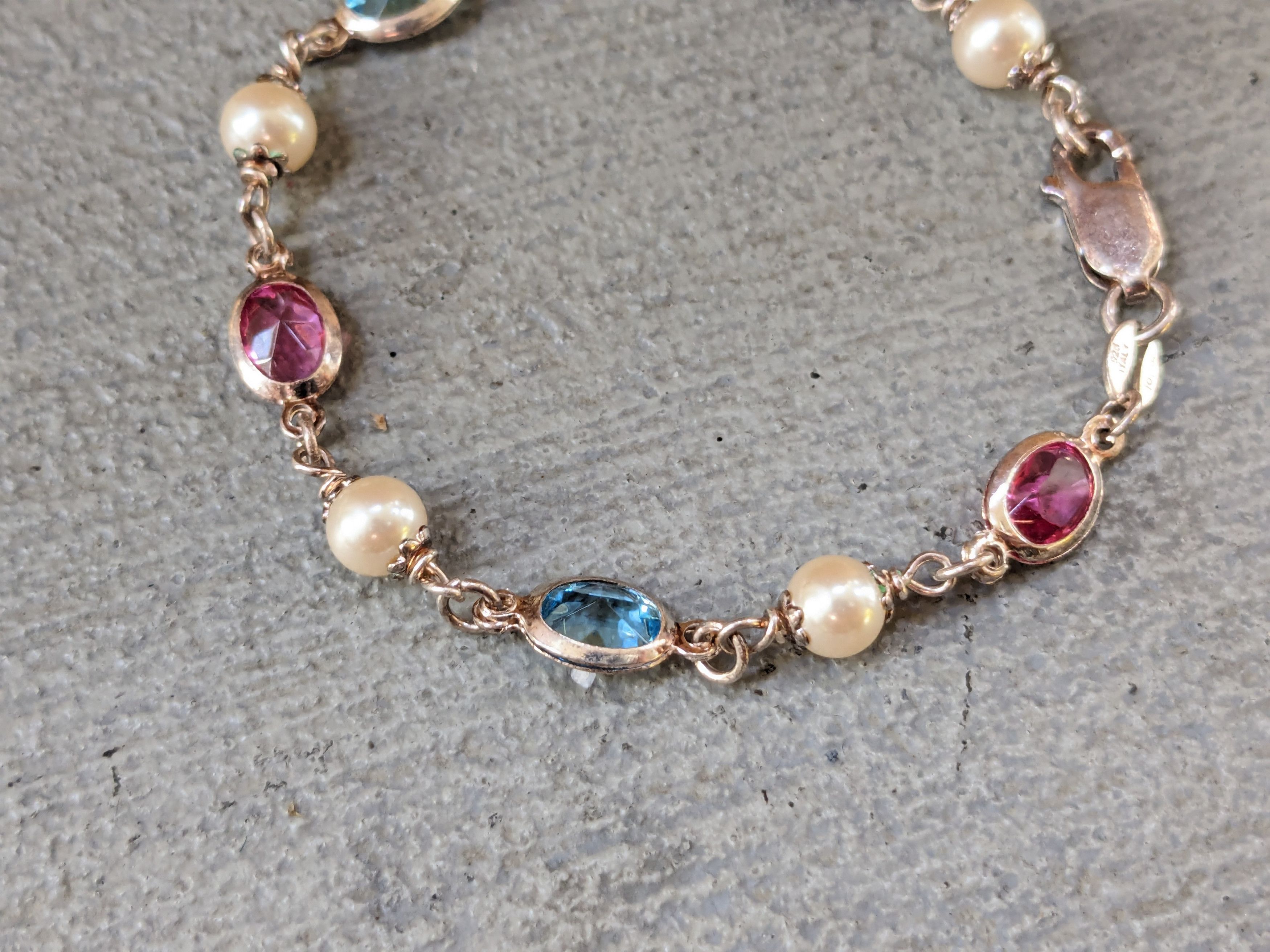 Jewelry Sterling Silver Tennis Bracelet 7.25" Chain Rainbow Pearls Size ONE SIZE - 2 Thumbnail