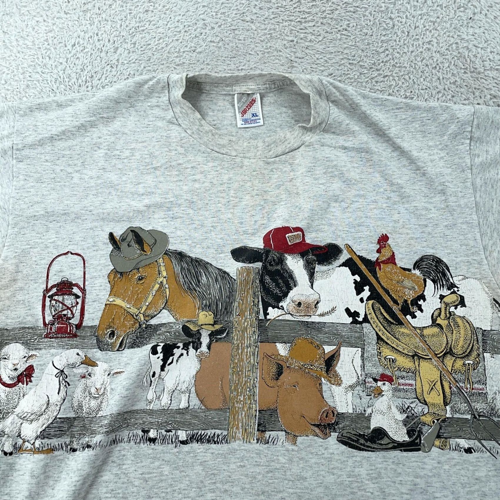 Jerzees VINTAGE T-Shirt Animals Large Horse Cow Pig 90s Gray Mens Size US L / EU 52-54 / 3 - 2 Thumbnail