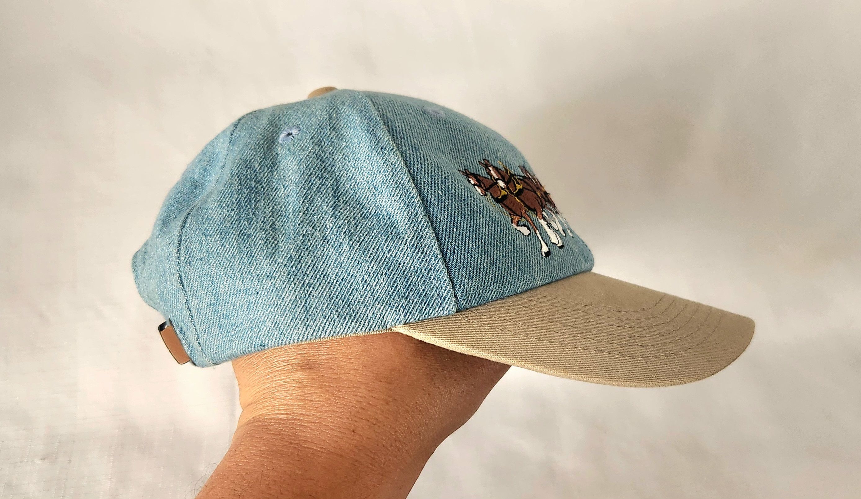 Budweiser VINTAGE Budweiser Hat Cap Strap Back Blue Denim Clydesdale Size ONE SIZE - 5 Thumbnail