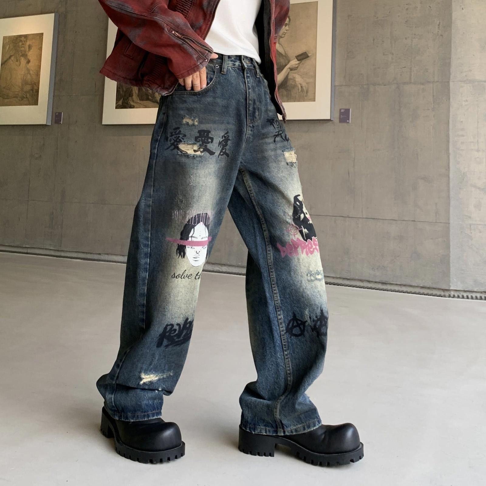 Japanese Brand Distressed Relaxed Fit Graffiti Jeans, Baggy Denim Size US 32 / EU 48 - 2 Thumbnail