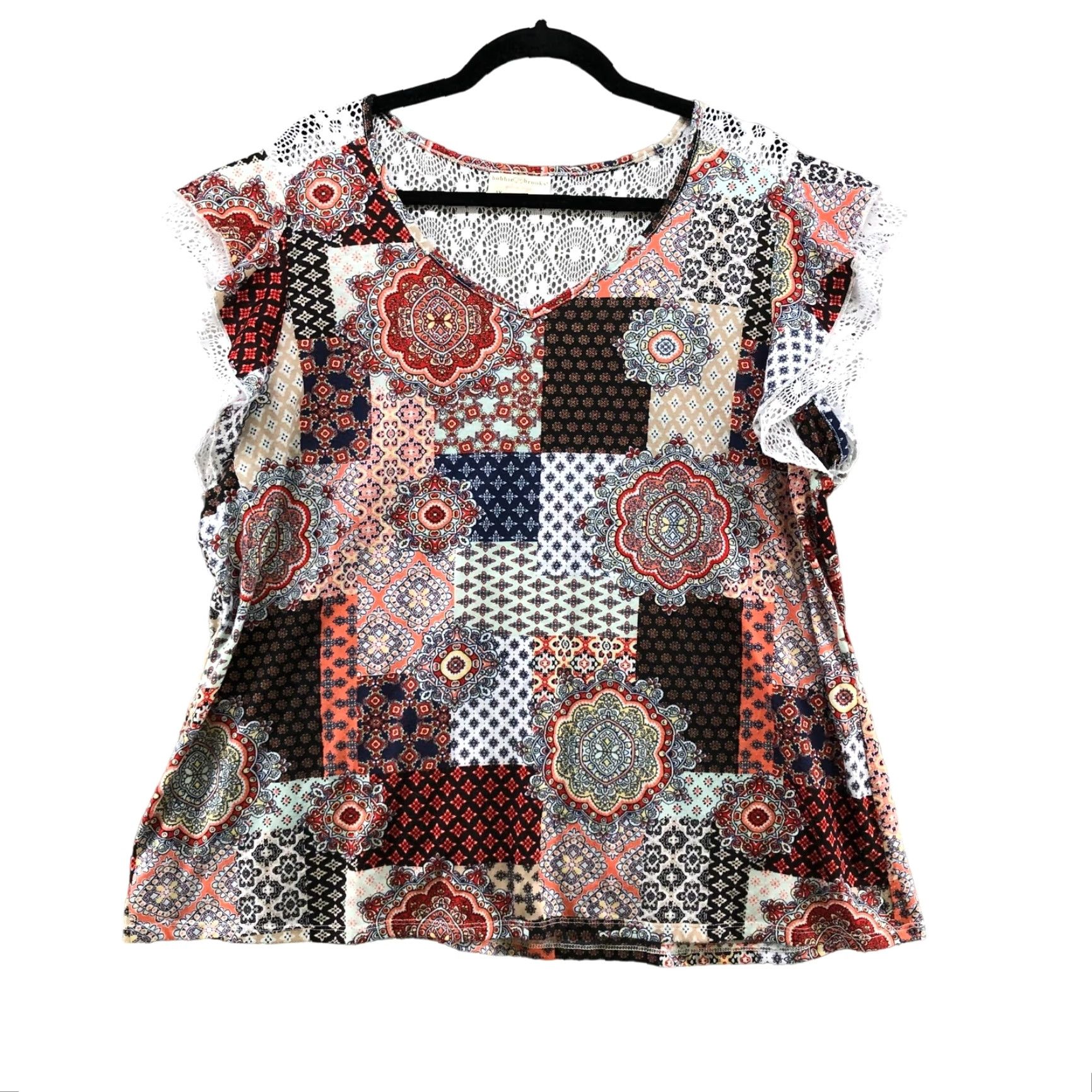 Vintage Bobbie & Brooks Plus 1X Womens Top Patchwork Boho Crochet Lace Flutter Sleeve V-Neck Short Sleeve Blouse Size XL / US 12-14 / IT 48-50 - 2 Thumbnail