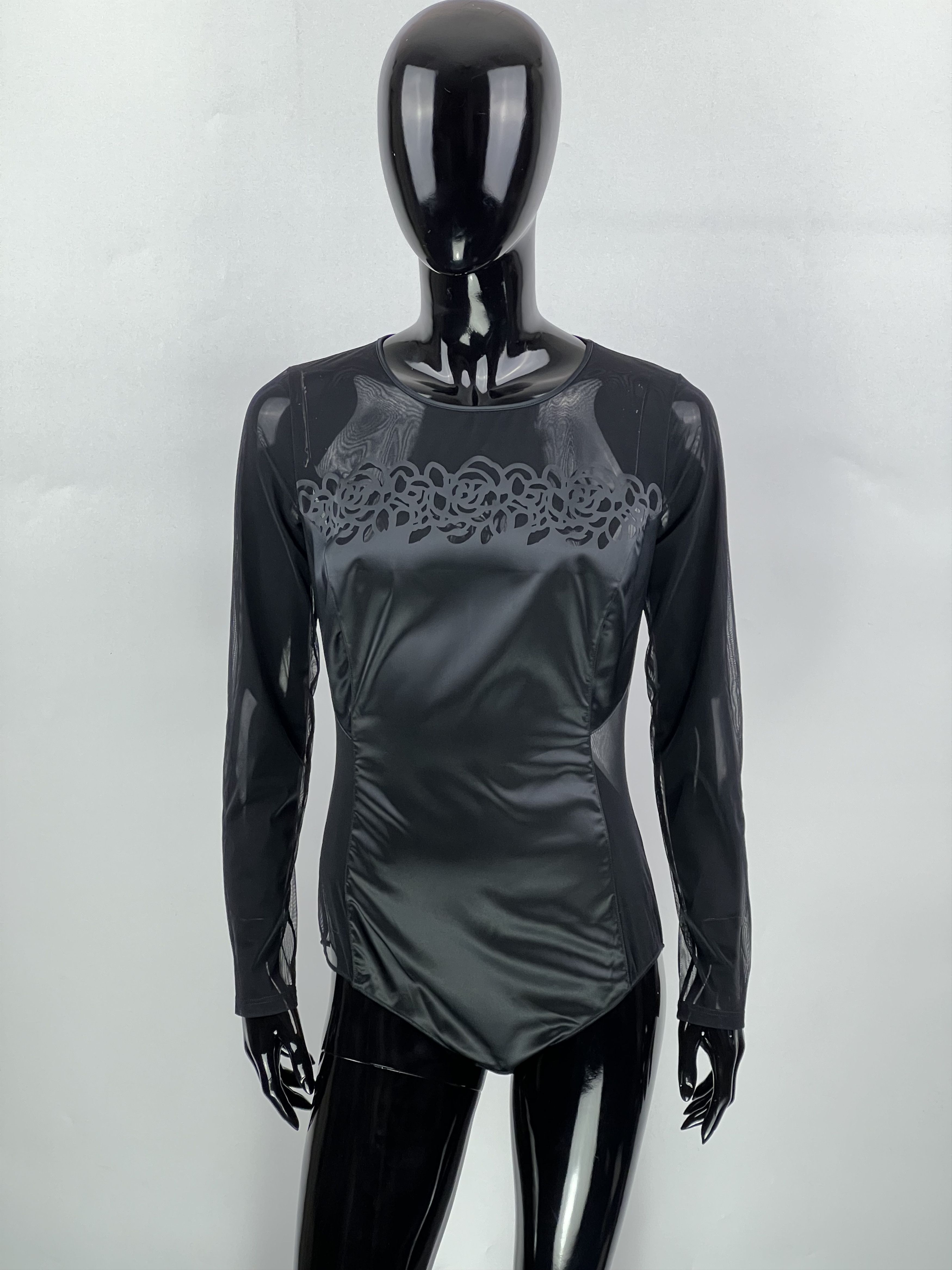 Designer Oroblu Black Mesh Long Sleeve Bodysuit Size M Size M / US 6-8 / IT 42-44 - 1 Thumbnail