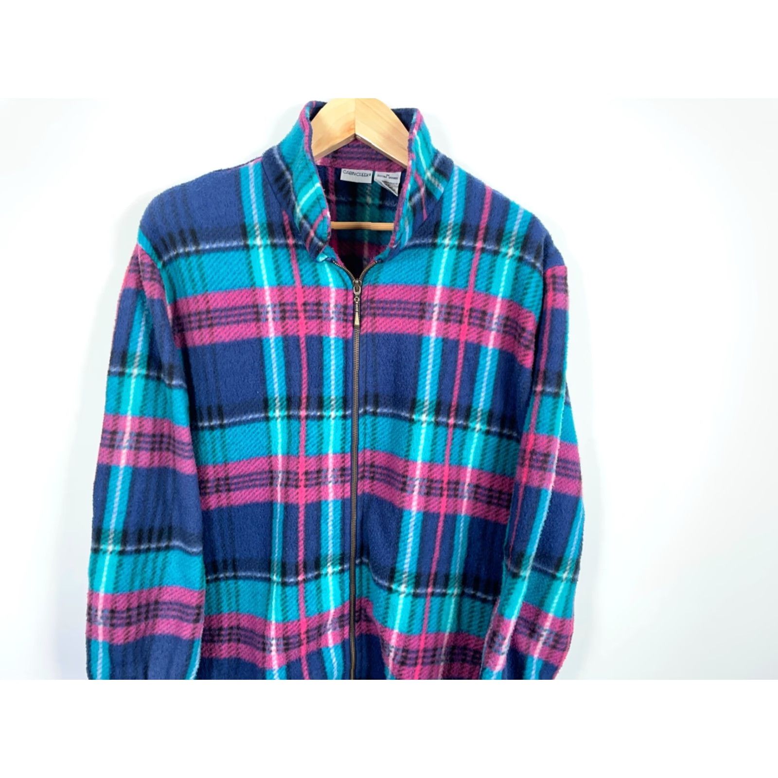 Pinko VINTAGE Cabin Creek 90s Fleece Zip Up Shirt Jacket Women 2X Pink Green Plaid Full Zip Grunge Size XXL / US 16-18 / IT 52-54 - 4 Thumbnail