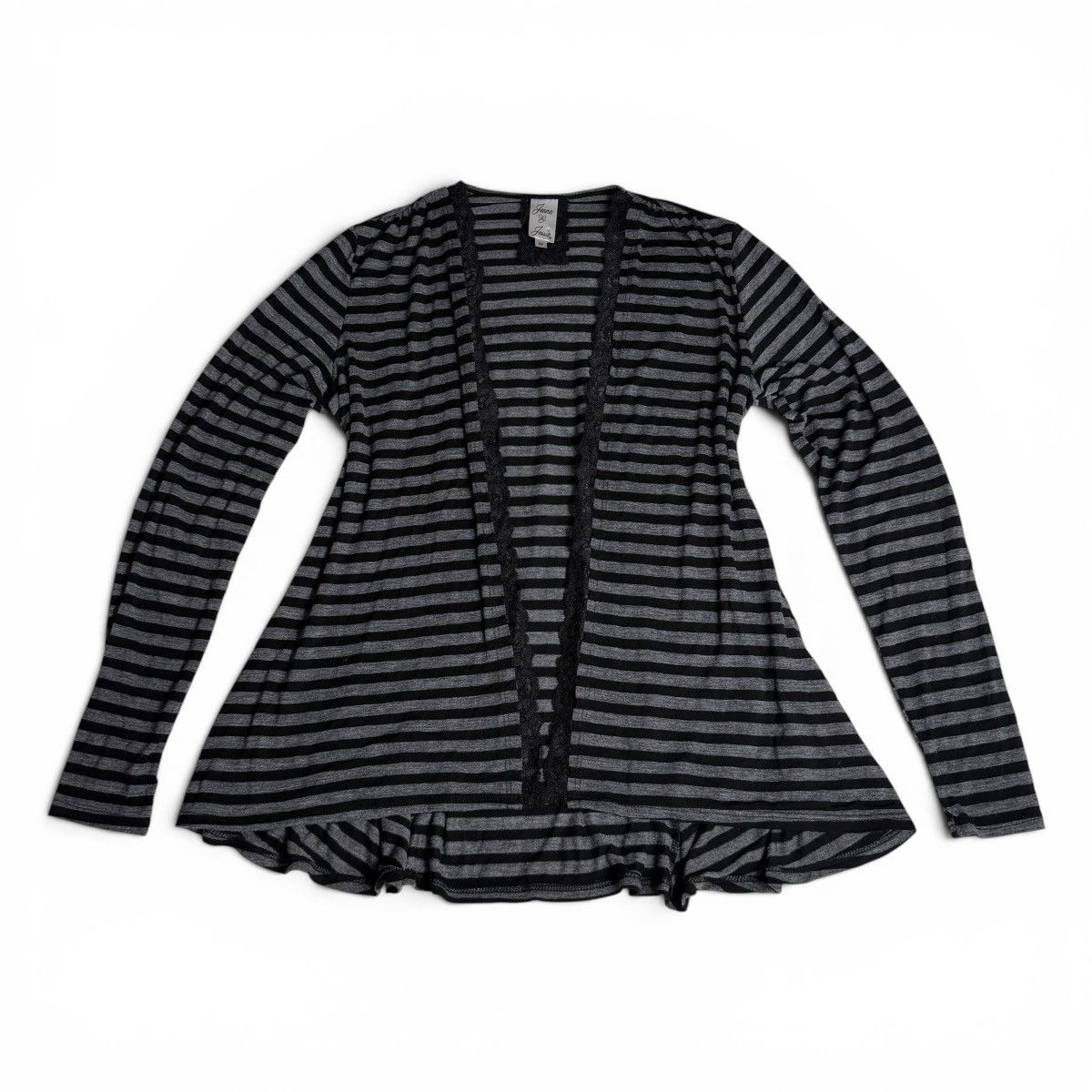 Other Mall Goth Black & Gray Striped Open Front Lace Trim Cardigan Size M / US 6-8 / IT 42-44 - 1 Thumbnail