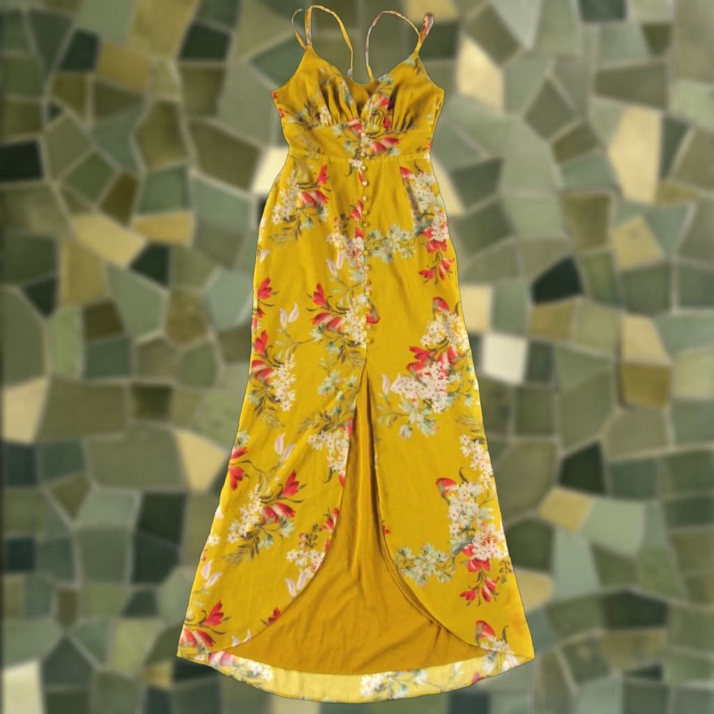 Vintage Hope & Ivy Sun Dress Maxi Floral Open Back Long Yellow 10 Women's Dress 10 Size L / US 10 / IT 46 - 1 Thumbnail