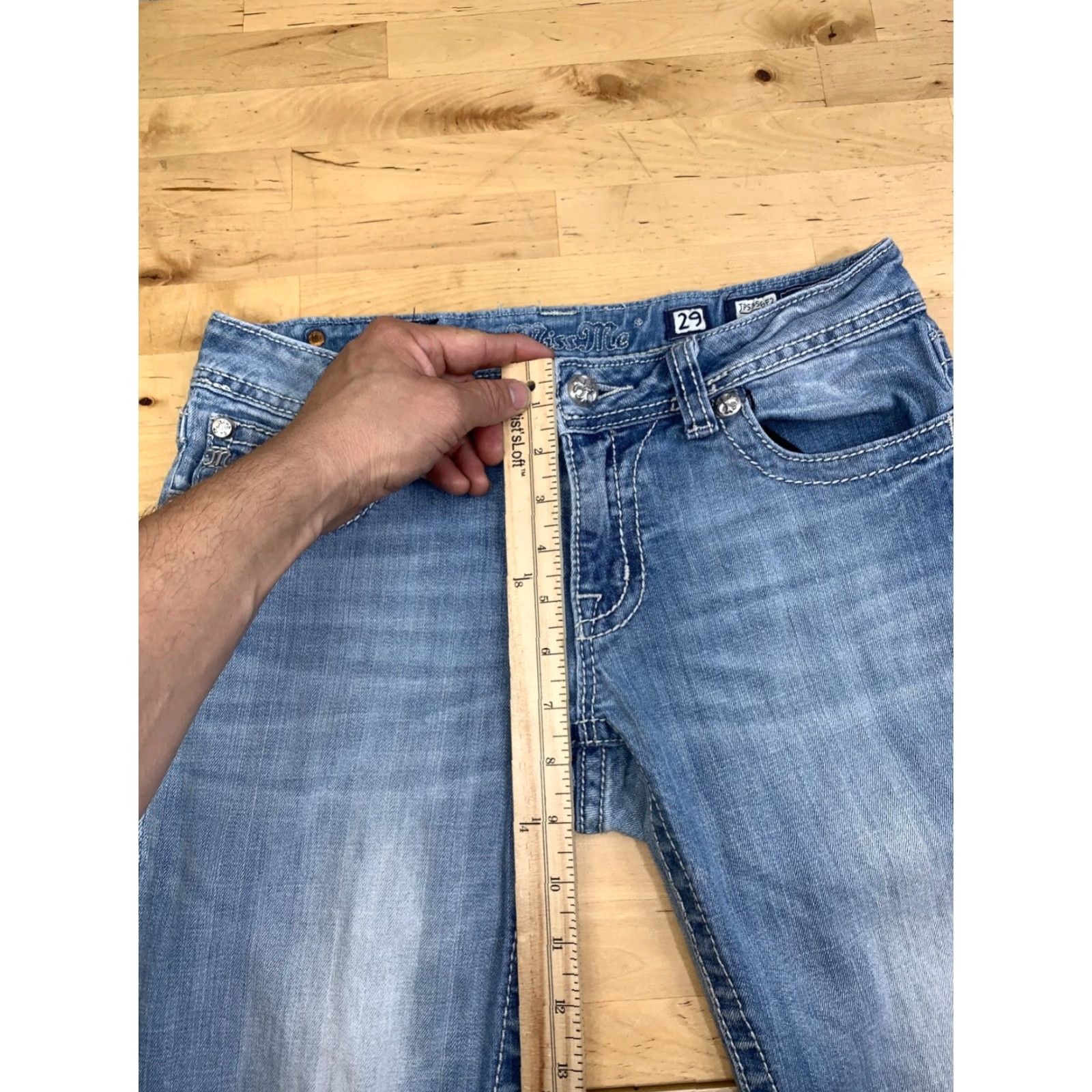 Miss Me VINTAGE Miss Me Jeans Womens Flared 5-Pocket Denim Blue 29x31 Peace Symbol Embellished 12719 Mens? Size 29" - 7 Thumbnail