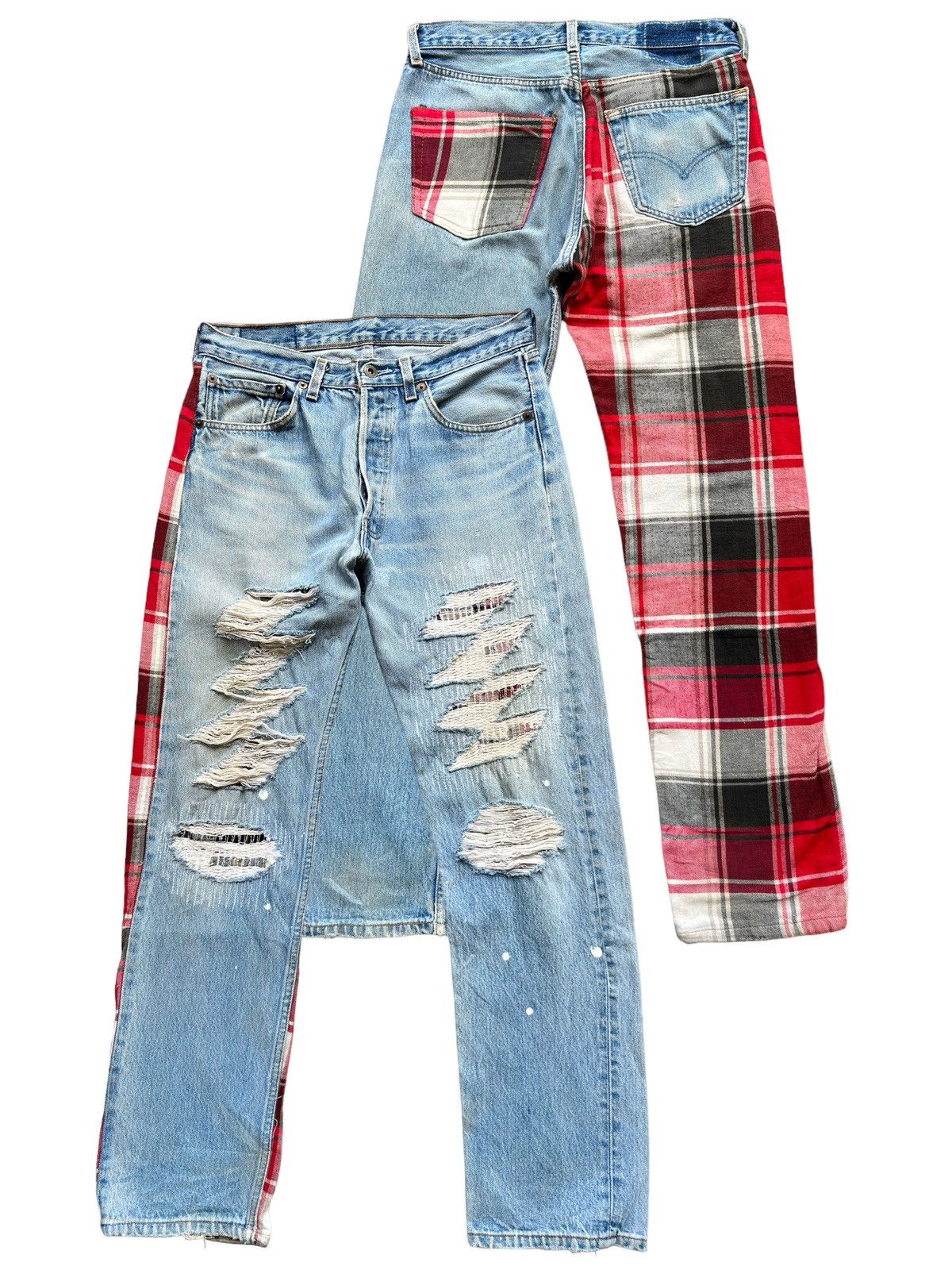 Seditionaries 🔥Japanese Brand Patchwork Ripped Checkered Plaid Denim Jeans Size US 31 - 1 Thumbnail