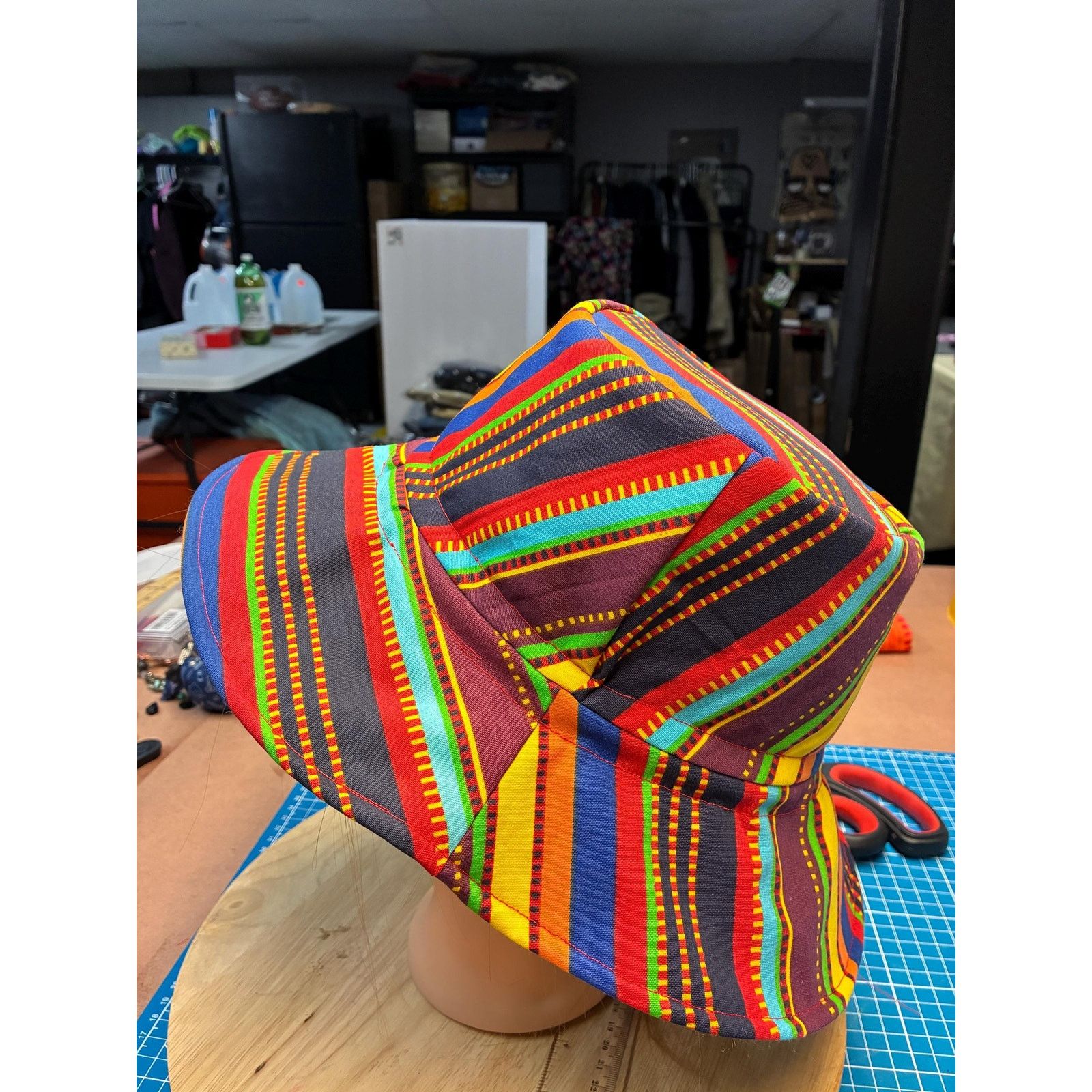 Other Upcycled Bucket Hat — Bold Multicolor Stripe, Lime Green Size ONE SIZE - 2 Thumbnail