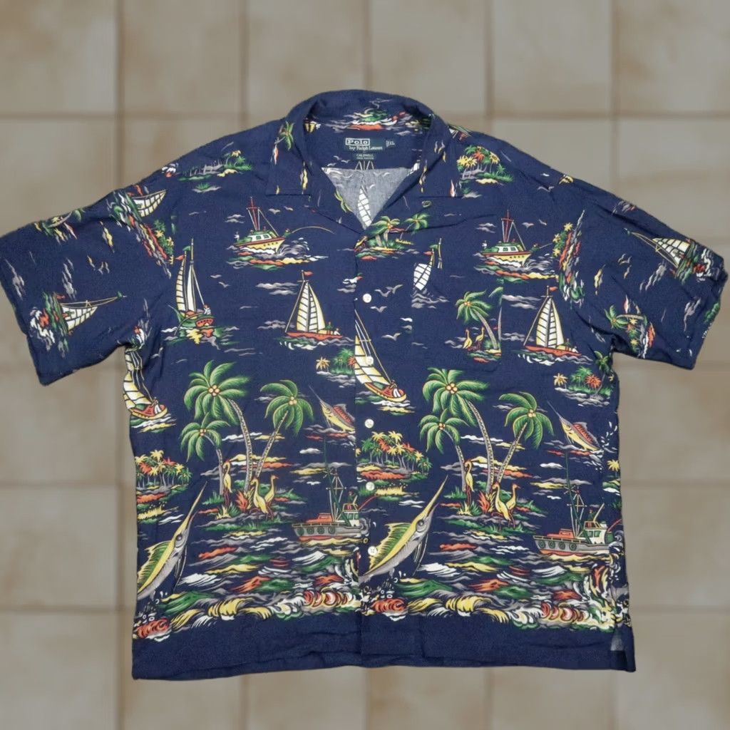 Polo Ralph Lauren VINTAGE Polo Ralph Lauren Shirt Men XL Caldwell Rayon Sailing Camp Collar 90s Size US XL / EU 56 / 4 - 1 Thumbnail