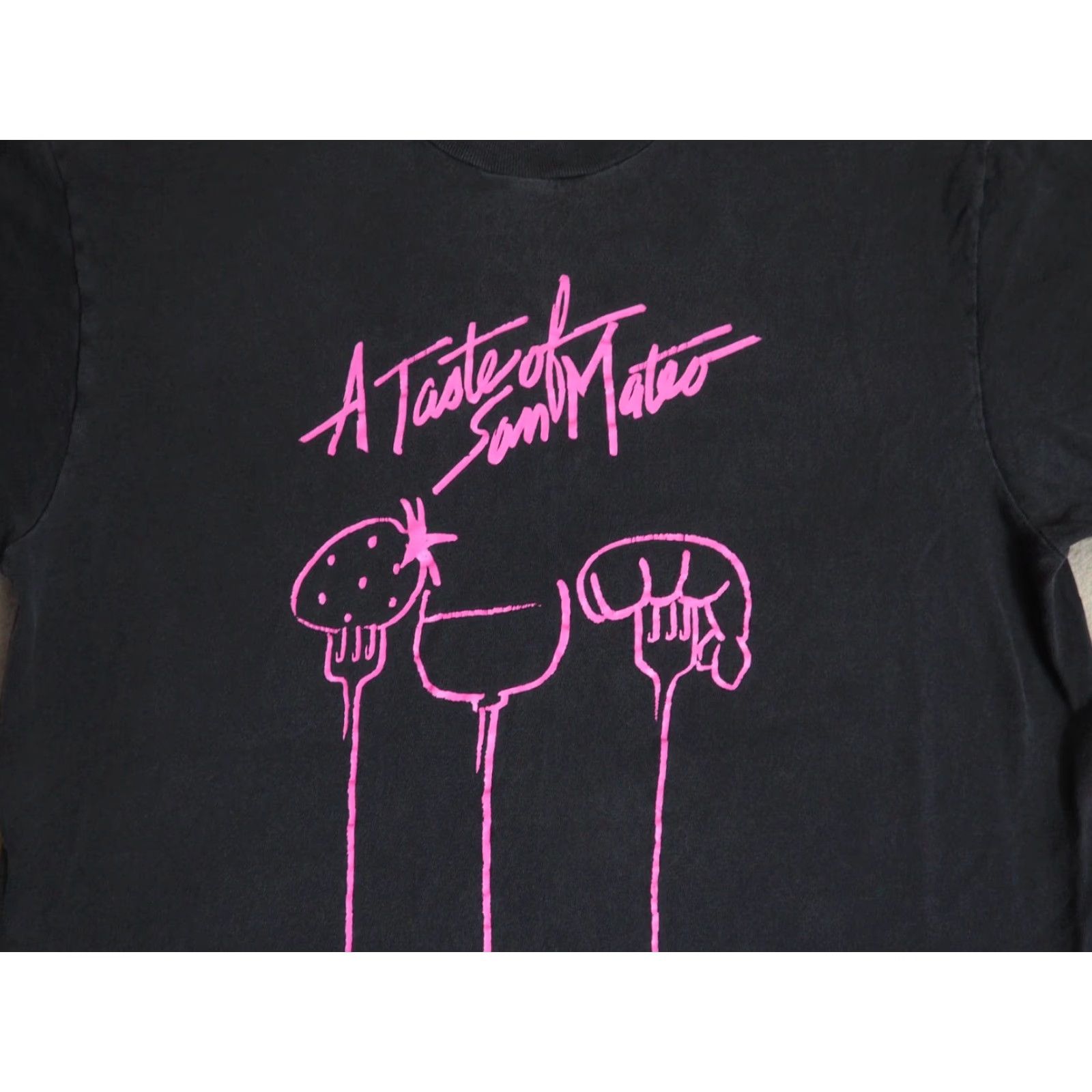 Hanes VTG 80s 90s Hanes San Mateo CA Food Black Faded Grunge Art USA Tee T-Shirt M Shirt Grunge Hanes Black 1980s Unisex Cotton Graphic Tee USA M Size US M / EU 48-50 / 2 - 7 Thumbnail