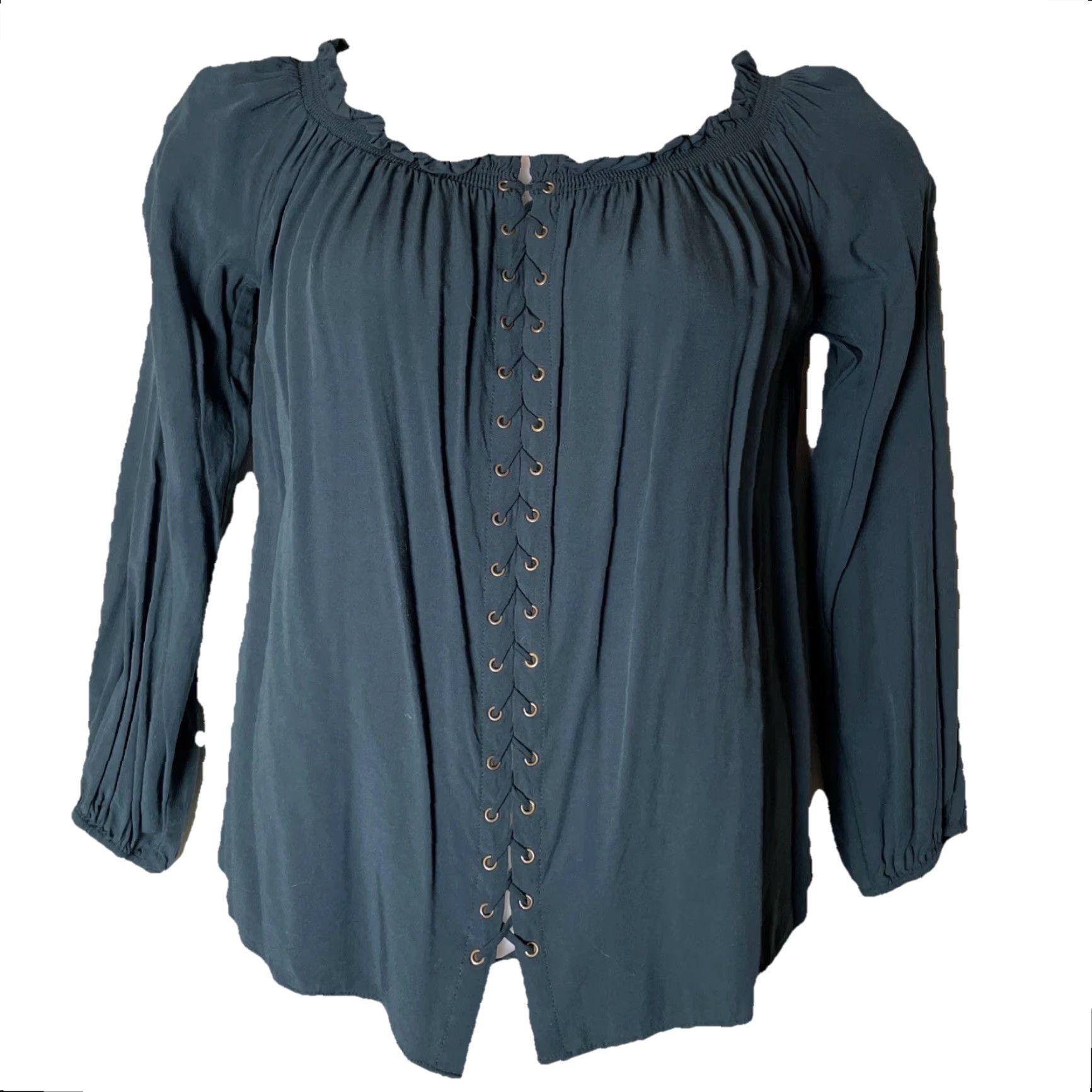 Vintage VINTAGE Rock & Republic Blouse Green Lace-Up Off the Shoulder 3/4 Sleeve Puff Knit Cotton Rayon M Womens Rock Gothic Bohemian 90s Designer City Size M / US 6-8 / IT 42-44 - 5 Thumbnail