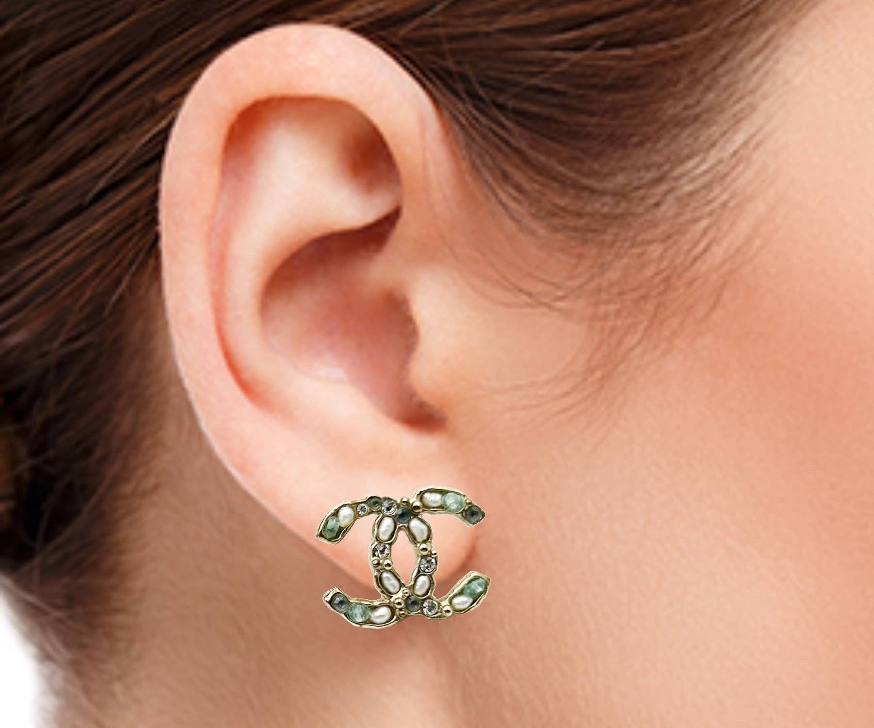 Chanel Chanel Gold CC Seed Pearl Mint Crystal PIercing Earrings Size ONE SIZE - 3 Thumbnail