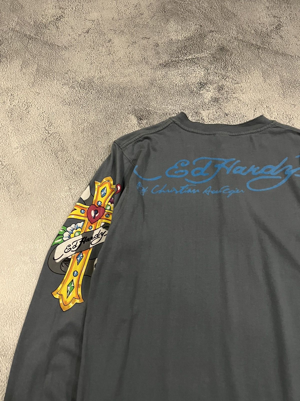 Vintage Y2k Ed Hardy Skull Cross Tattoo Rare Long Sleeve 00s