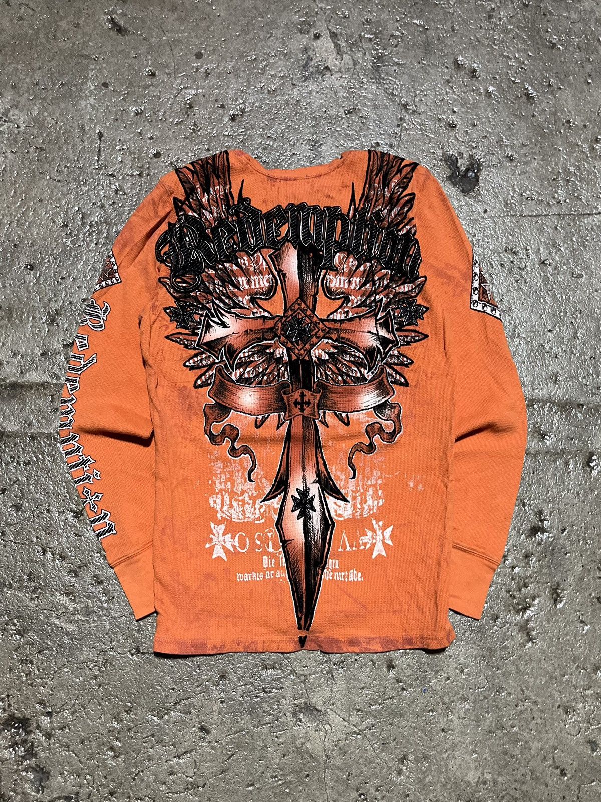 image of Crazy Y2K Affliction Style Thermal Tee Grunge Cross Wings in Orange, Men's (Size Medium)