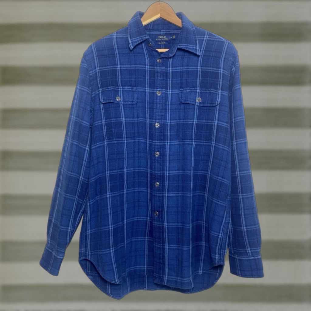 Polo Ralph Lauren Polo Ralph Lauren Men's Plaid Flannel Shirt - Button-Up, Long Sleeve, Elbow Patches, Size L, Blue, Classic Fit Size US L / EU 52-54 / 3 - 1 Thumbnail