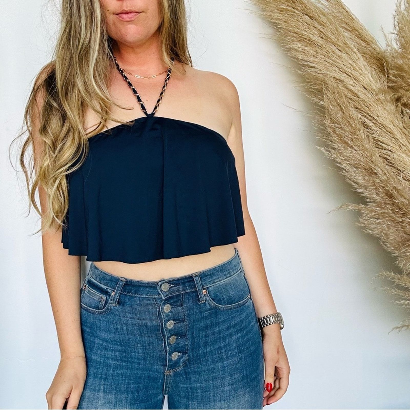 Michael Kors NEW MK MICHAEL KORS Navy Gold Chain Ruffle Bikini Crop Top Size M / US 6-8 / IT 42-44 - 6 Thumbnail