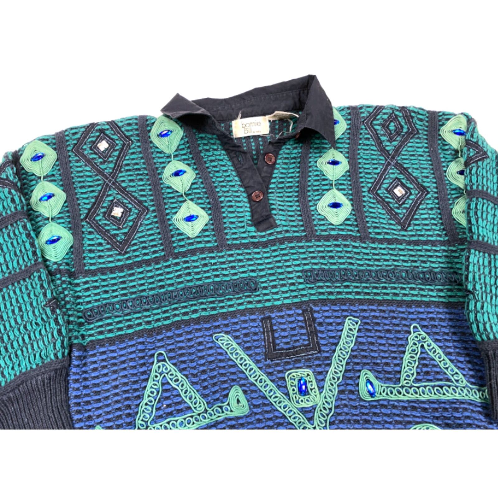 Vintage VINTAGE Bonnie and Bill Geometric Collared Sweater Women's Medium Green 80s 90s Bohemian Hipster Knit Chuck Ramie Cotton Pullover Size M / US 6-8 / IT 42-44 - 4 Thumbnail