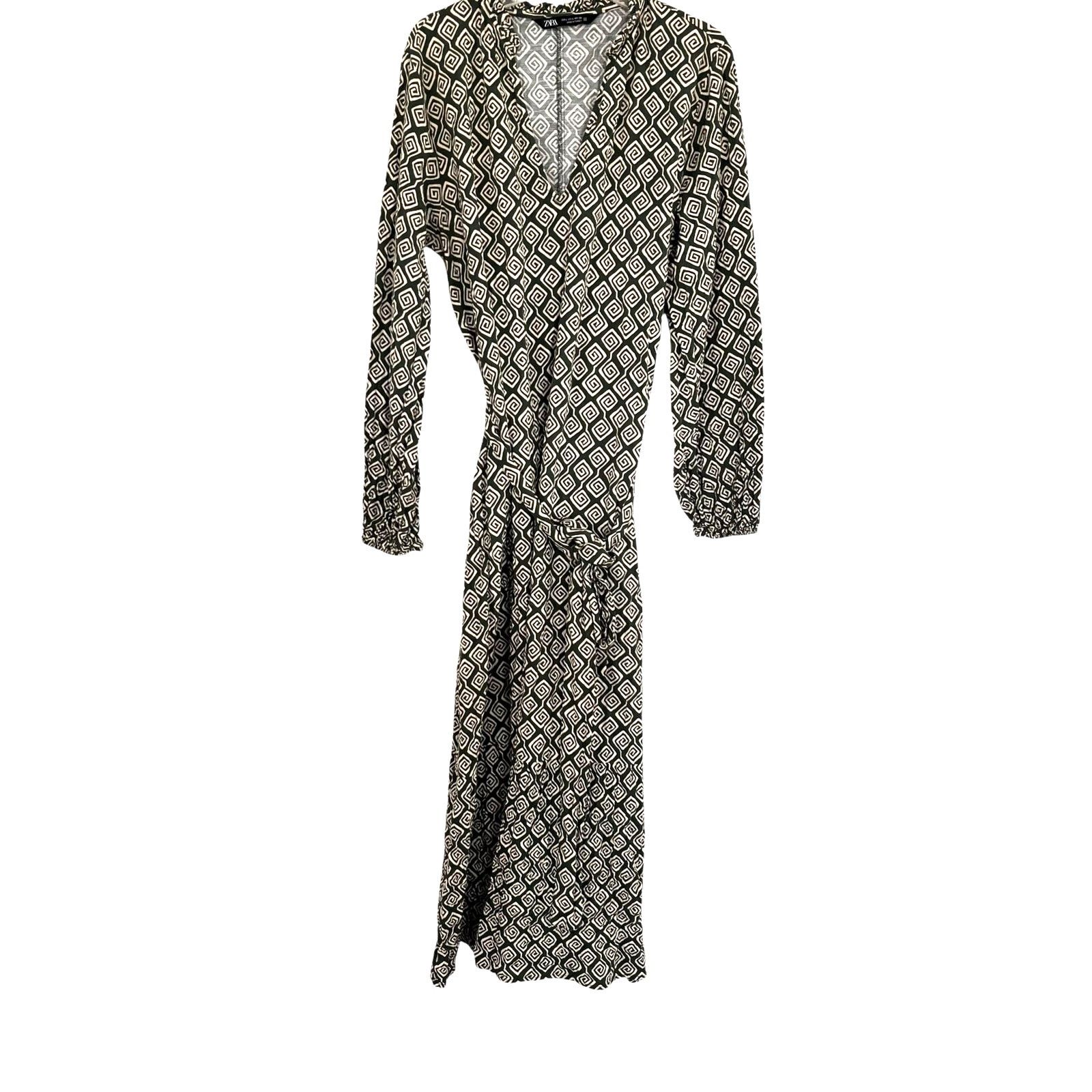 Zara Zara Green Cream Geometric Print Tie Waist Midi Dress Size L / US 10 / IT 46 - 3 Thumbnail
