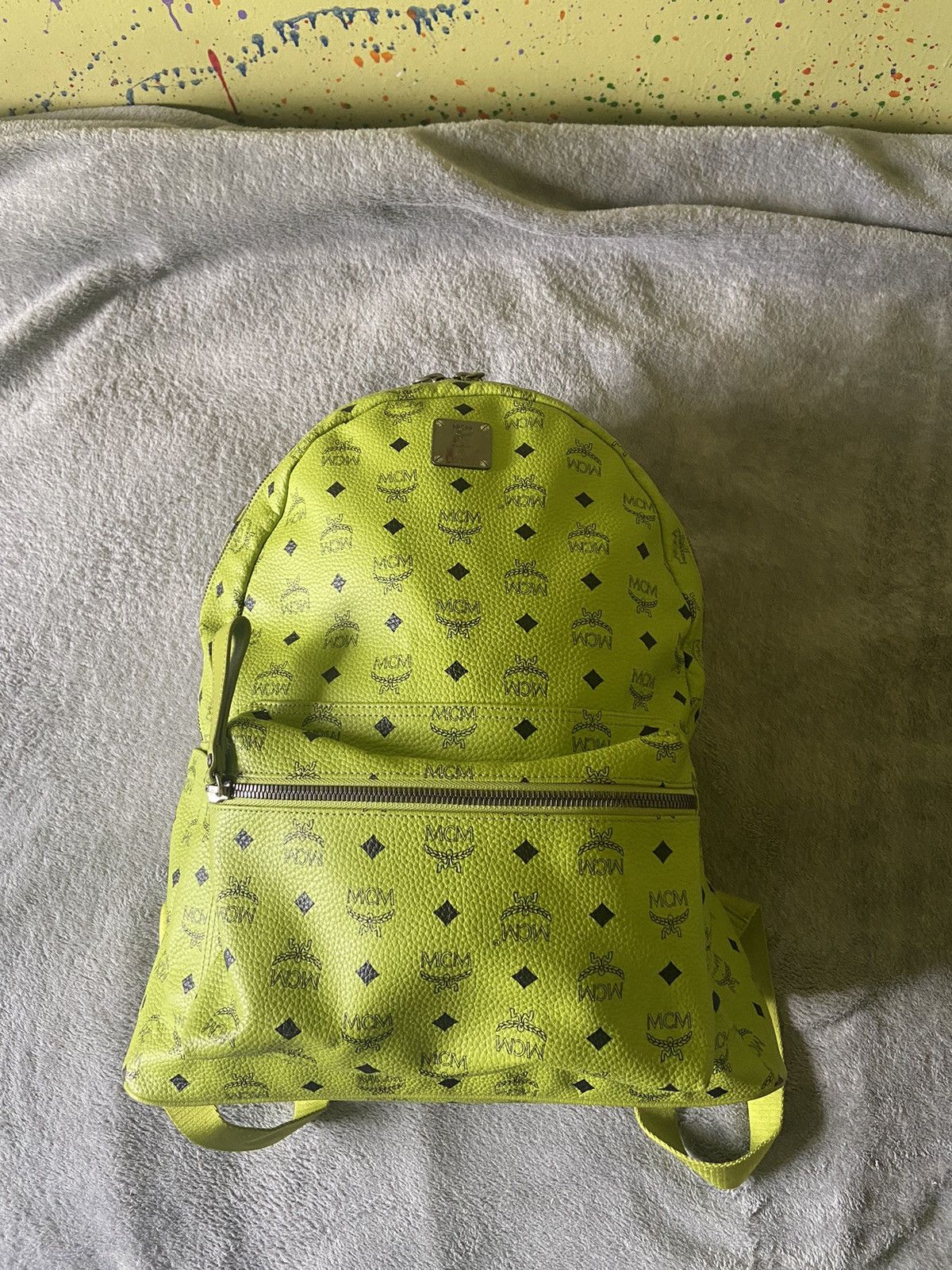 Lime green mcm backpack best sale