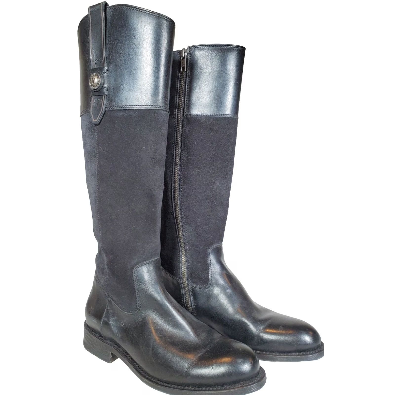 Frye FRYE Jayden Button Black Leather and Suede Tall Riding Boots Women's US 6 B Shaft 15 3/4" Calf Runs Narrow Leather Lined Block Heel 1 1/4" Size US 6 / IT 36 - 2 Thumbnail