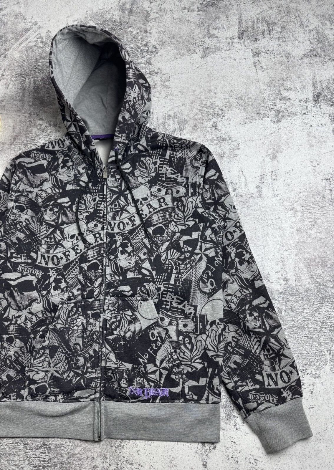 No Fear NO FEAR Rap Overprint Medium Hip Hop Monogram Gray Skulls Zip Hoodie Pullover Size US M / EU 48-50 / 2 - 4 Thumbnail