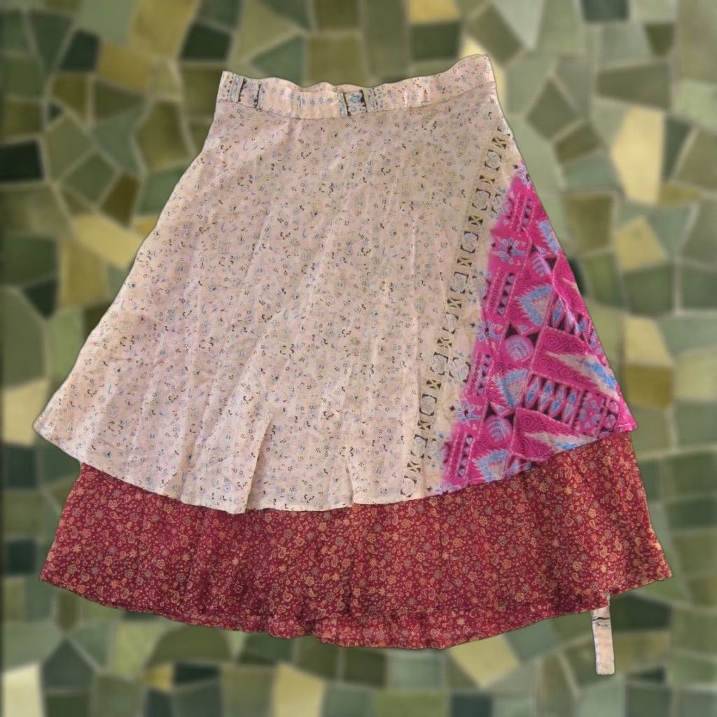 Pinko VINTAGE India Silk Red Pink Blue Floral Paisley Long Reversible Wrap Skirt OS Size 42" / US 20 - 1 Thumbnail