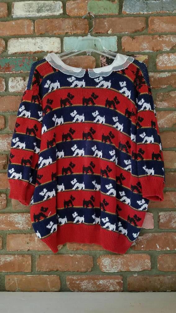 Designer Vintage YORKIE dog sweater 1980's lace red, black, blue Size M / US 6-8 / IT 42-44 - 4 Thumbnail