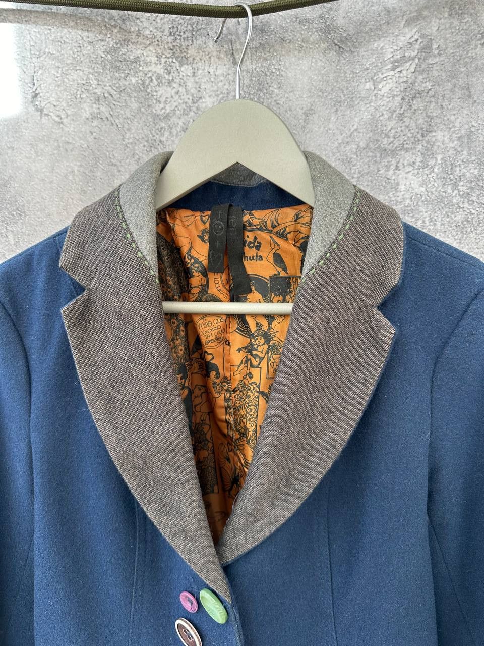 Desigual × Vintage Desigual Patchwork Wool Blazer Navy Blue with Graphic Lining Size XS / US 0-2 / IT 36-38 - 5 Thumbnail