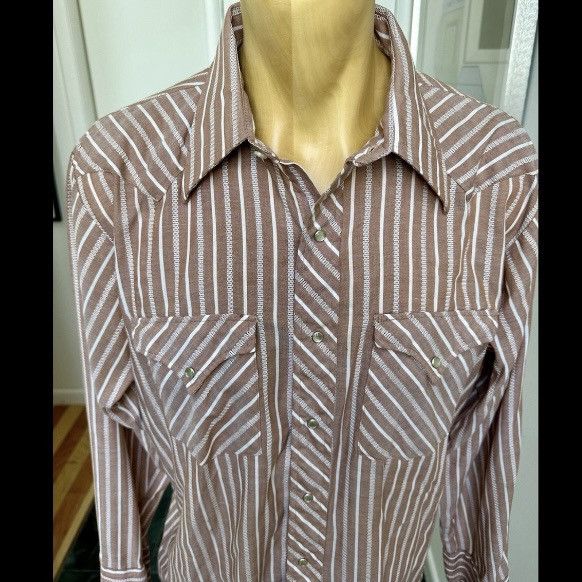 Vintage VINTAGE 1970s MENS WESTERN SHIRT SNAP FRONT BROWN STRIPE L Size US L / EU 52-54 / 3 - 2 Thumbnail