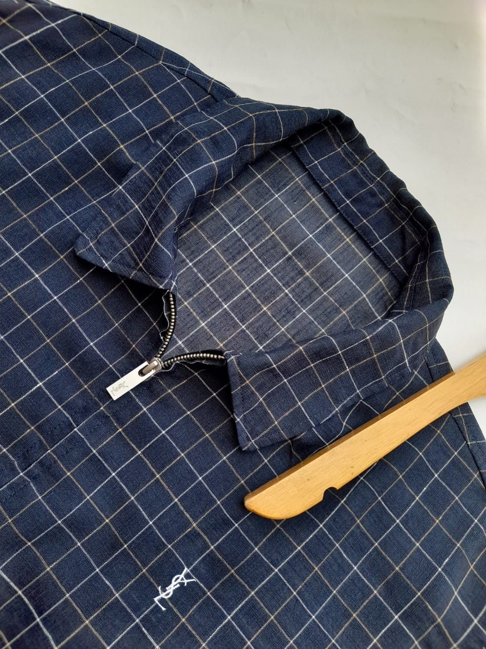 image of Plaid Itemvintage YVES Saint Laurent X YSL Jacket in Plaid Dark Navy, Men's (Size Medium)
