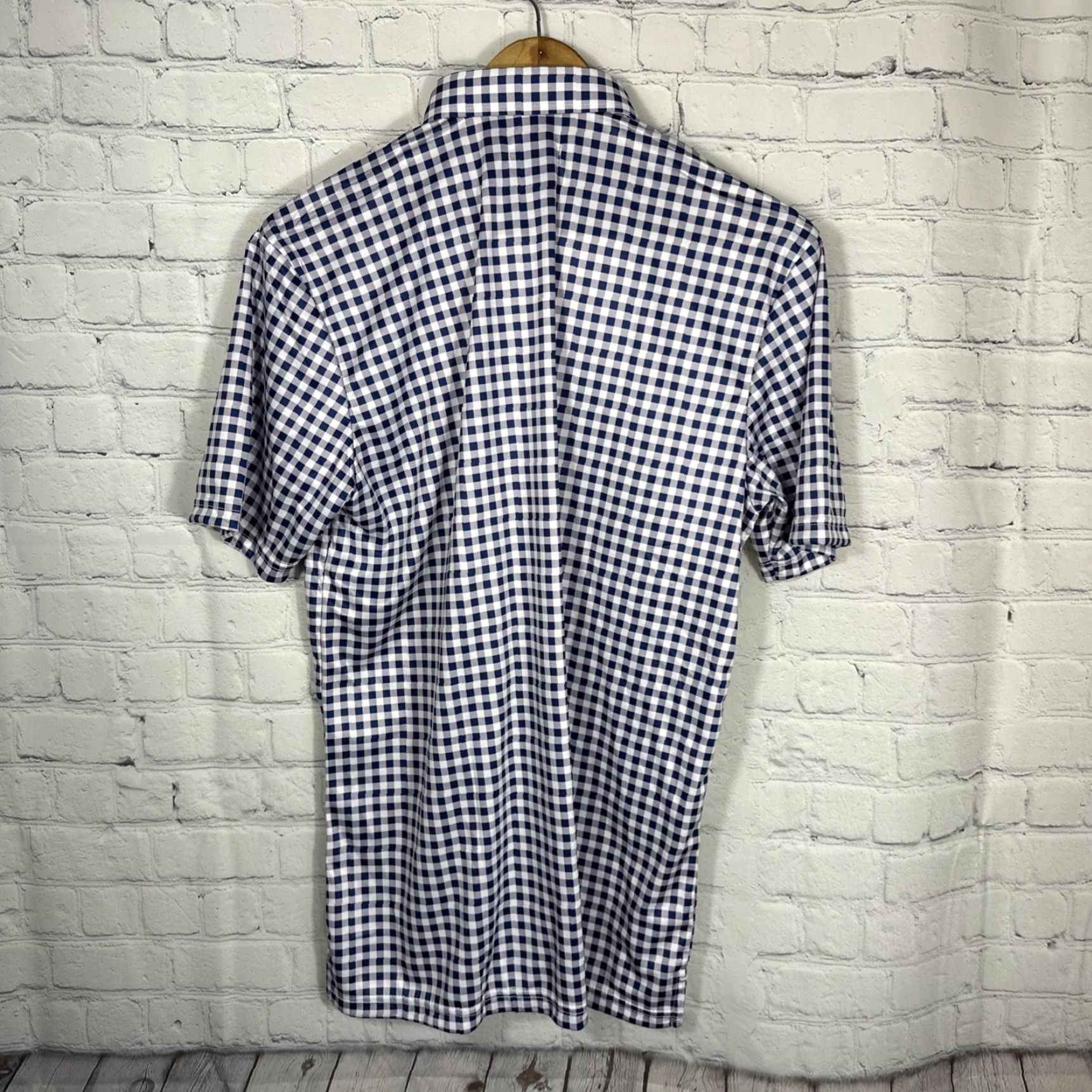 CO Collars & Co Dress Collar Polo Shirt S Navy Gingham Stretch Golf Button Down Short Sleeve Men Regular 100% Polyester Blue Size 36R - 7 Thumbnail