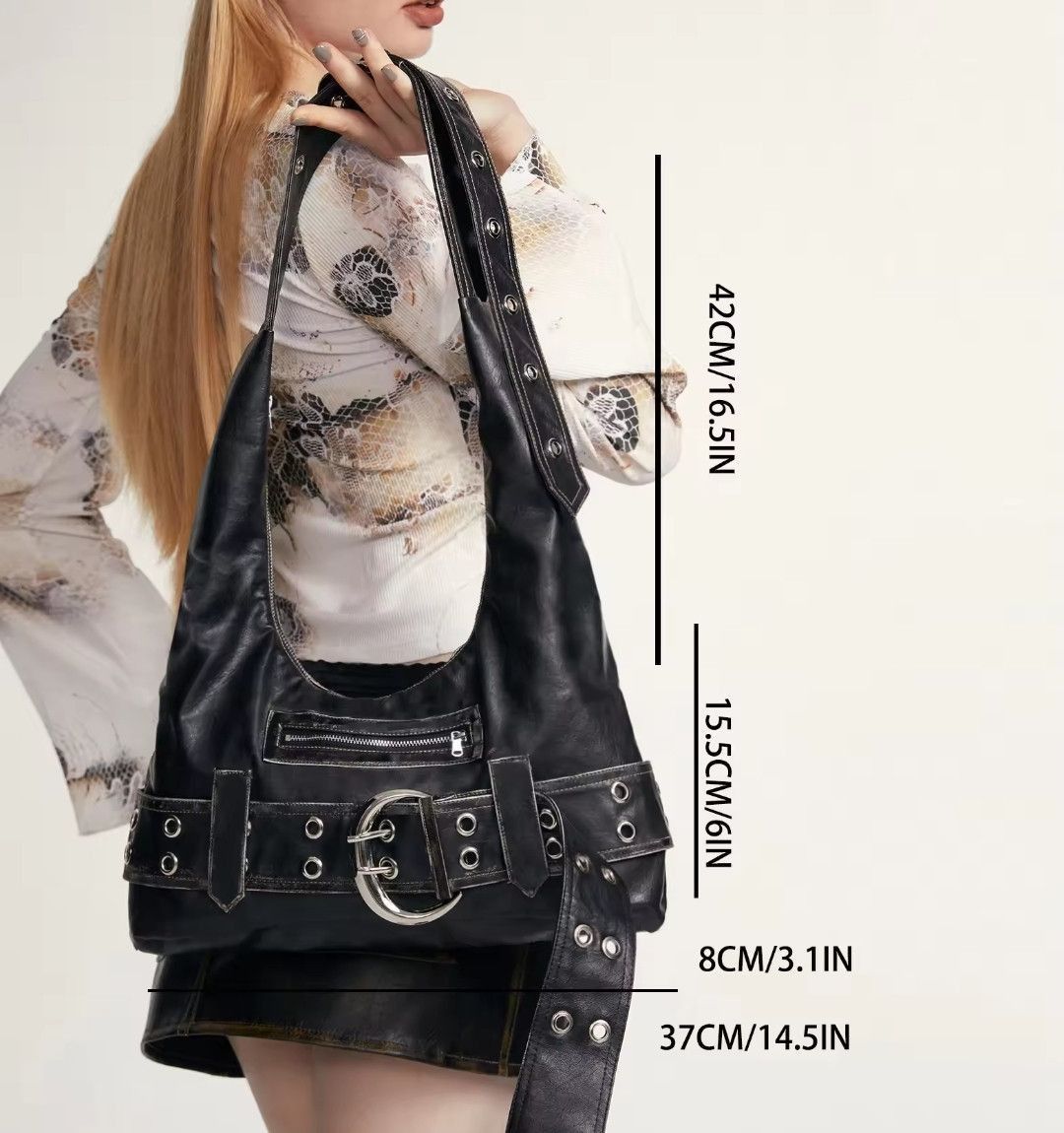 Leather × Vintage Rivet Buckle PU Handbag Shoulder Bag Punks Y2K Size ONE SIZE - 5 Thumbnail